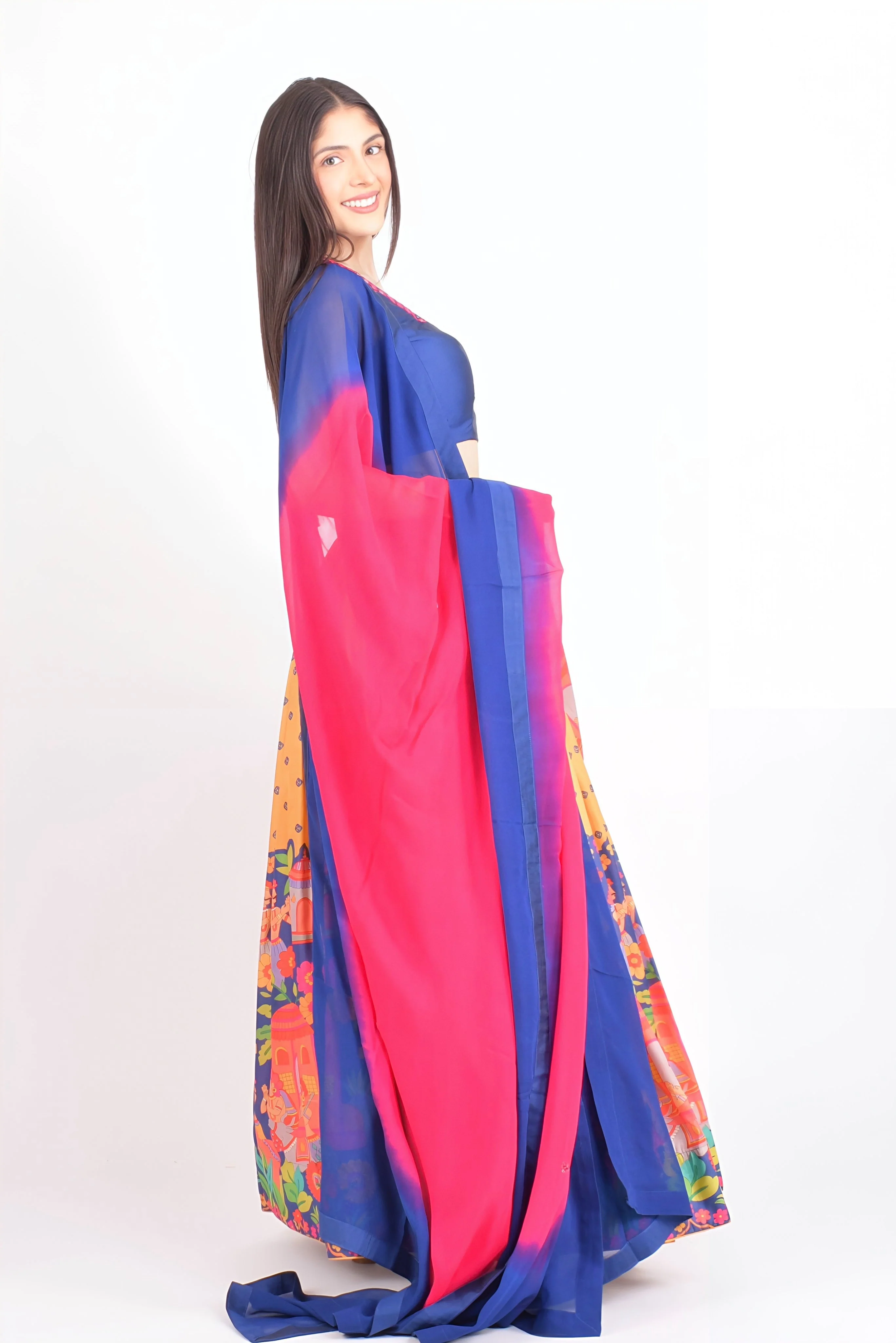 Blue and Yellow Soft Silk Lehenga Choli Set with Shaded Dupatta - Image 5