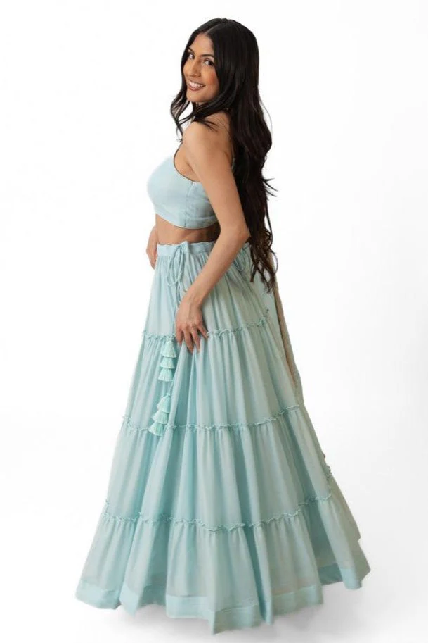Sky Blue Shimmer Tiered Lehenga Choli with Gold Accents for Women - Image 5