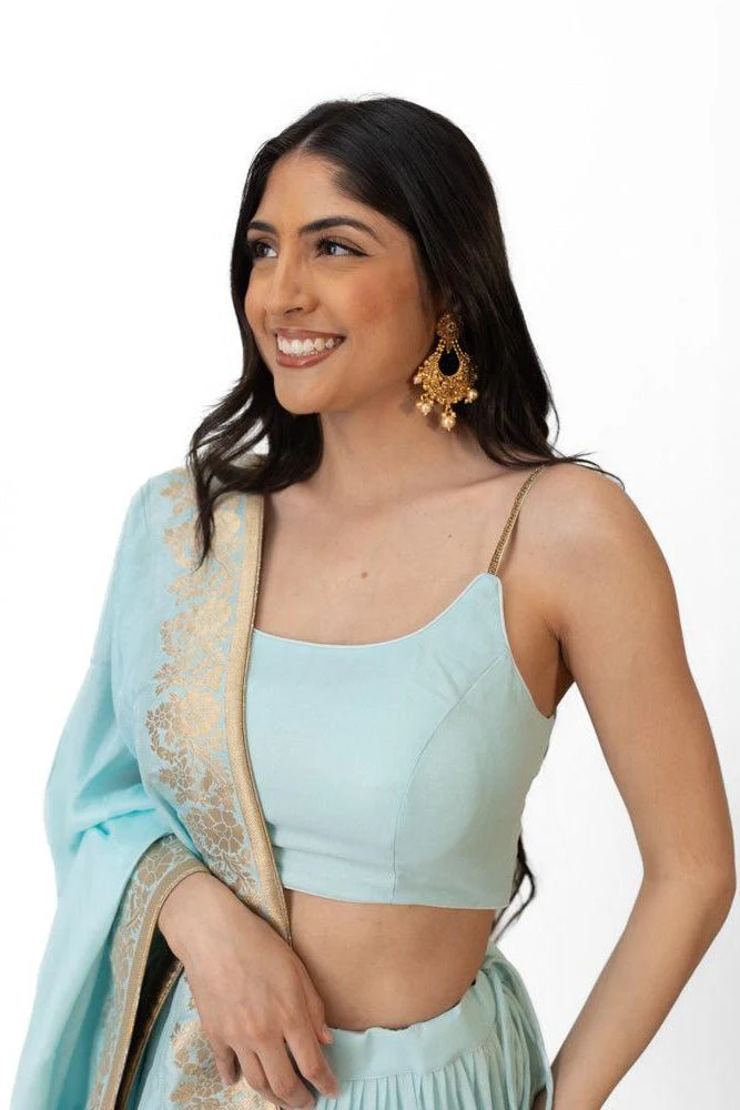 Sky Blue Shimmer Tiered Lehenga Choli with Gold Accents for Women - Image 6
