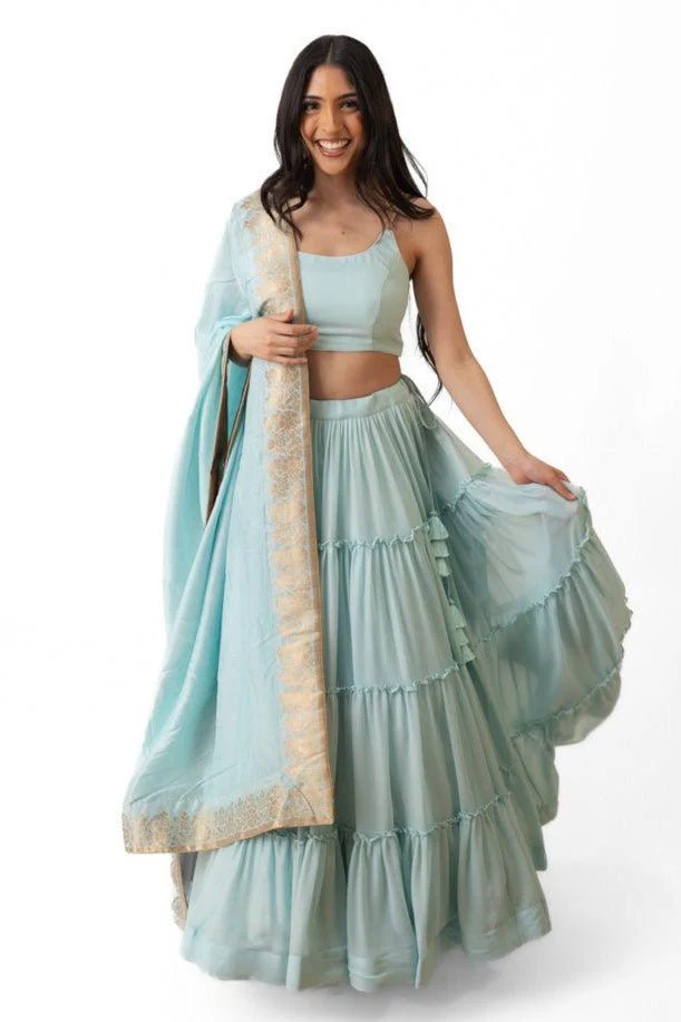 Sky Blue Shimmer Tiered Lehenga Choli with Gold Accents for Women - Image 8