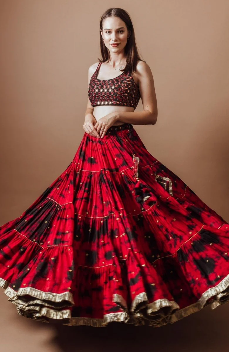 Red Tie Dye Lehenga with Gaji Silk Dupatta