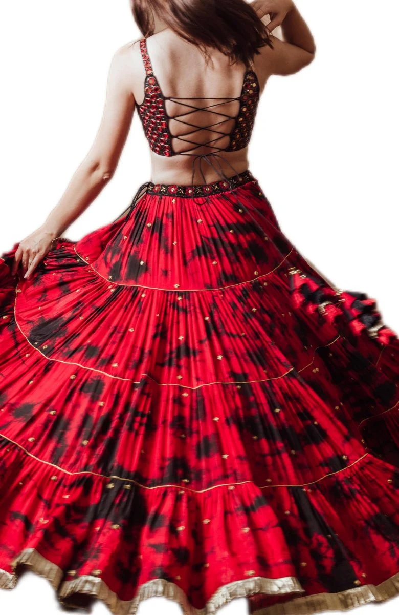 Red Tie Dye Lehenga with Gaji Silk Dupatta - Image 2