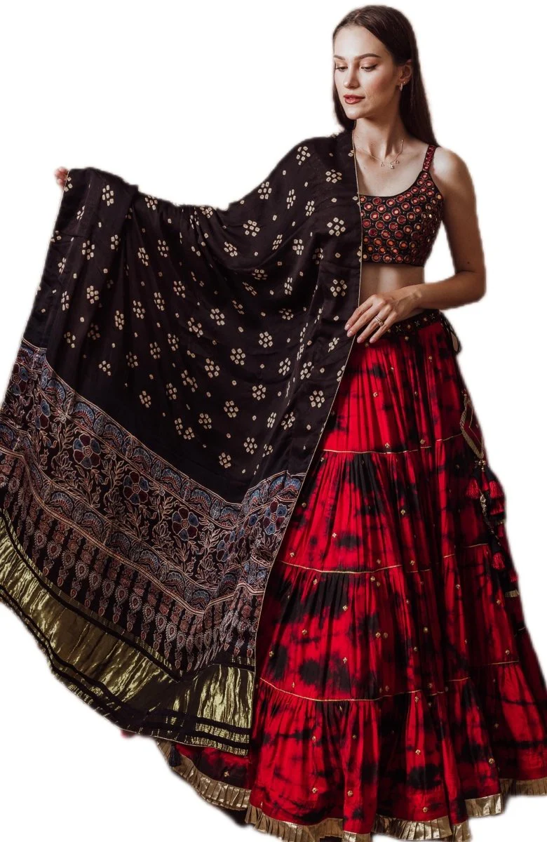 Red Tie Dye Lehenga with Gaji Silk Dupatta - Image 4