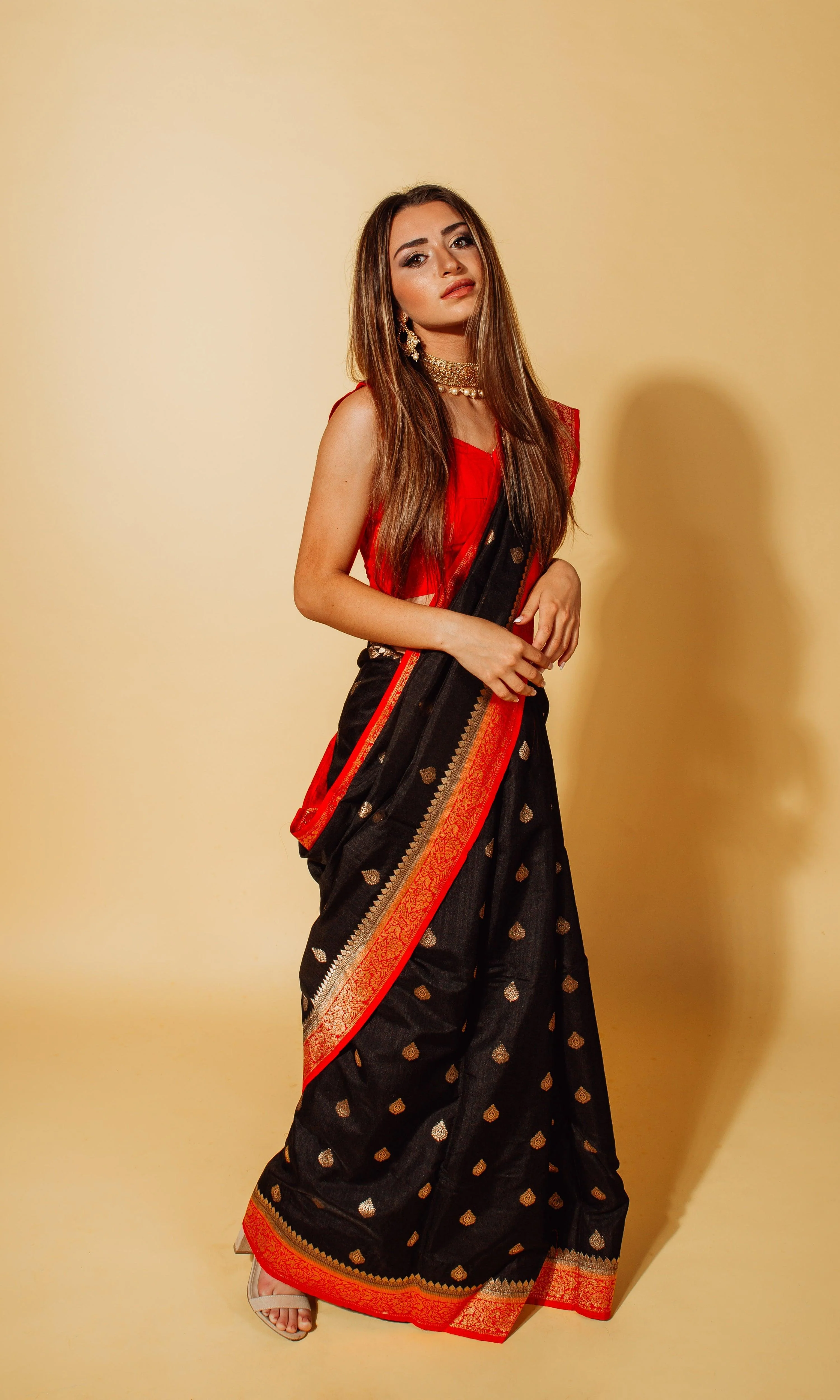 Black Banarasi Silk Saree With Red Border & Blouse - Image 3
