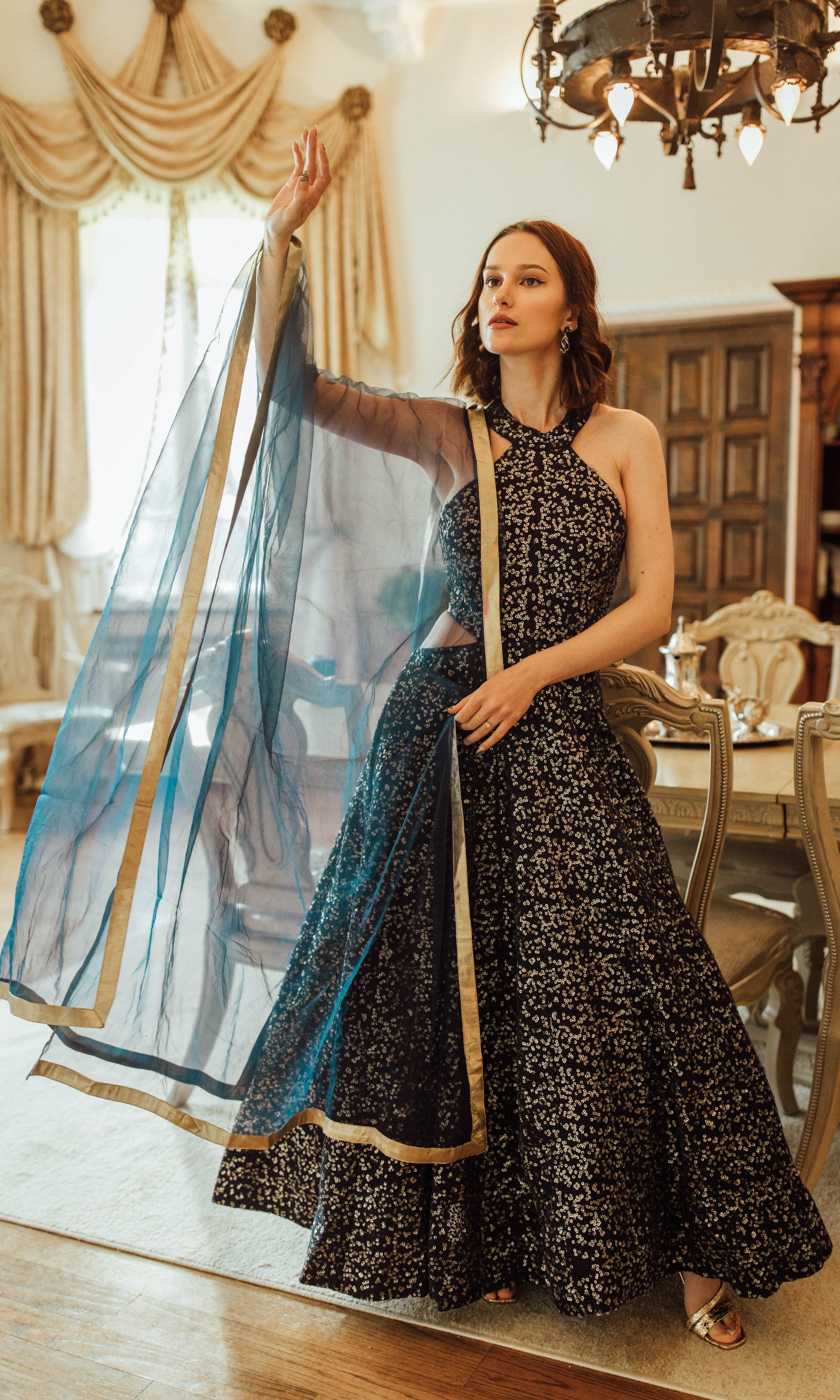 Stella Navy Blue Gown with Sequins Embroidery