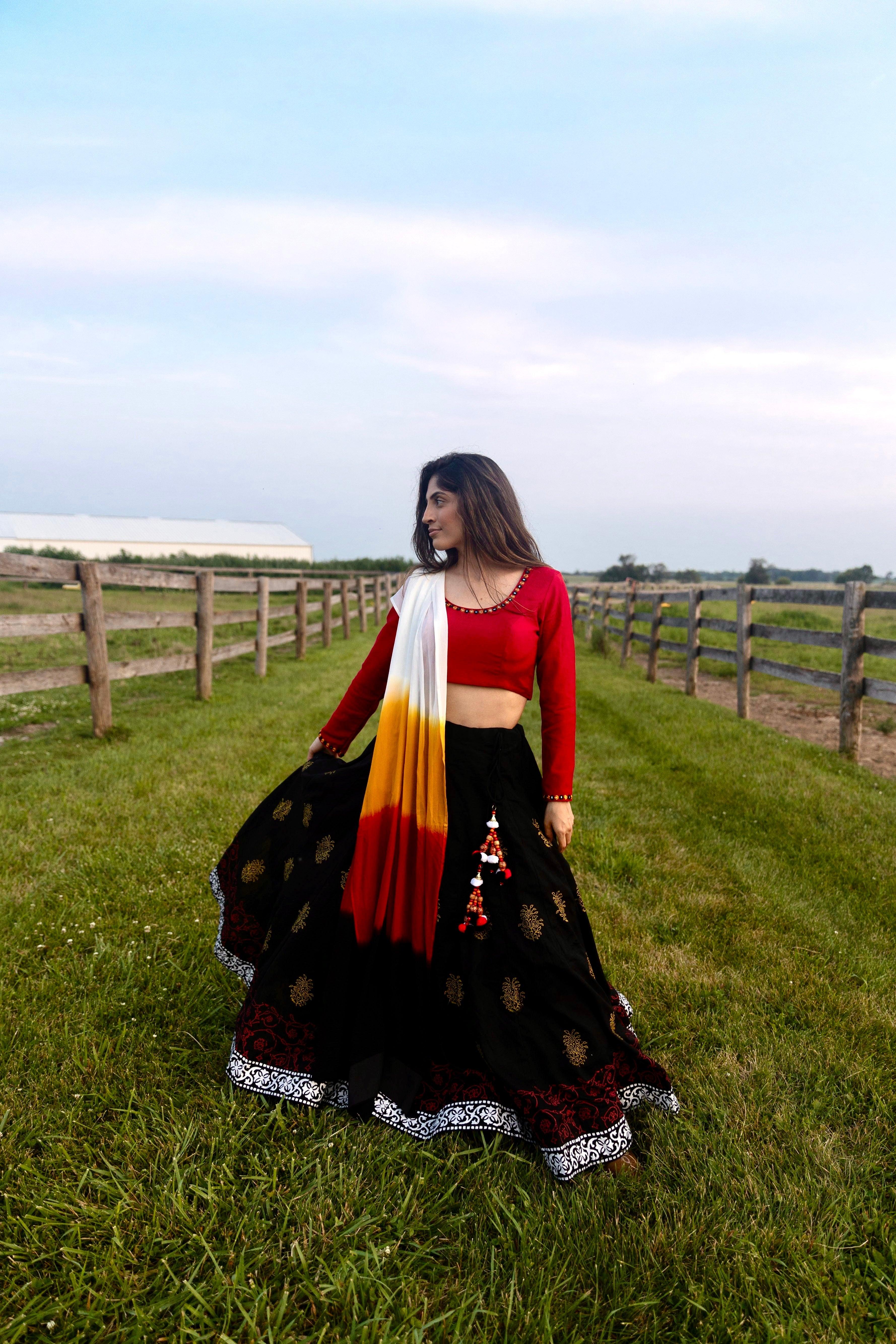 Black and Red Chaniya Choli Set with Long Sleeve Blouse