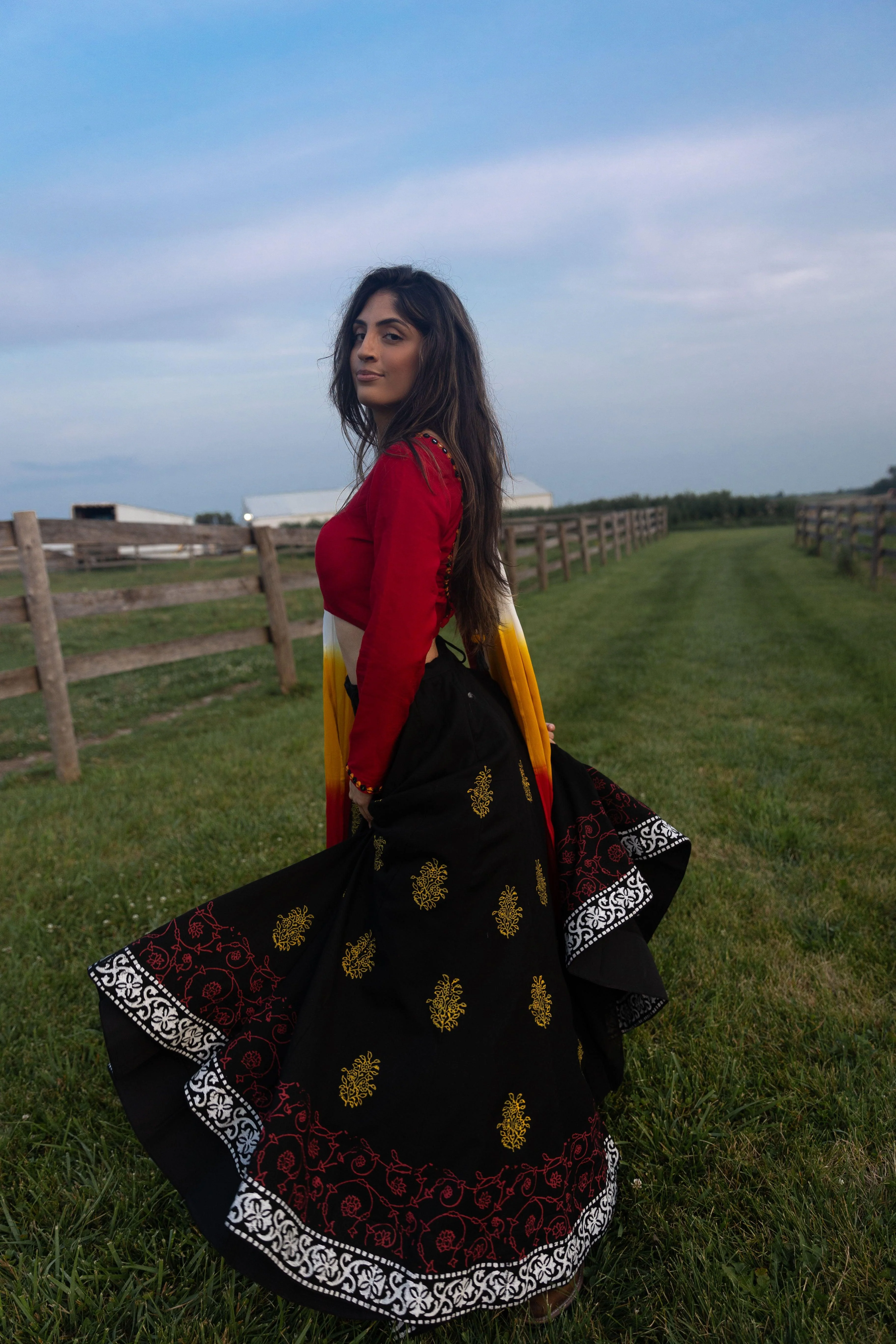 Black and Red Chaniya Choli Set with Long Sleeve Blouse - Image 2