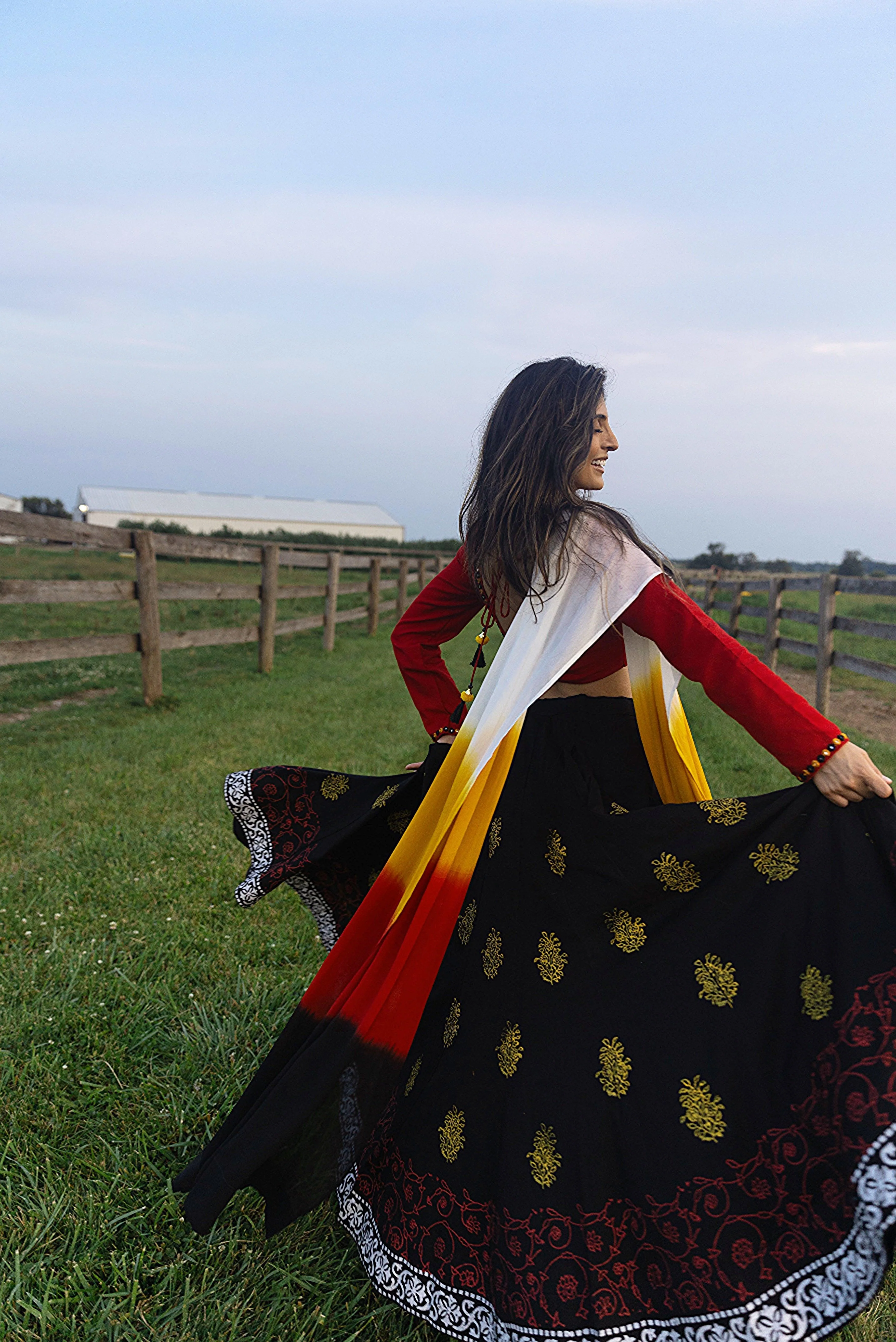 Black and Red Chaniya Choli Set with Long Sleeve Blouse - Image 3