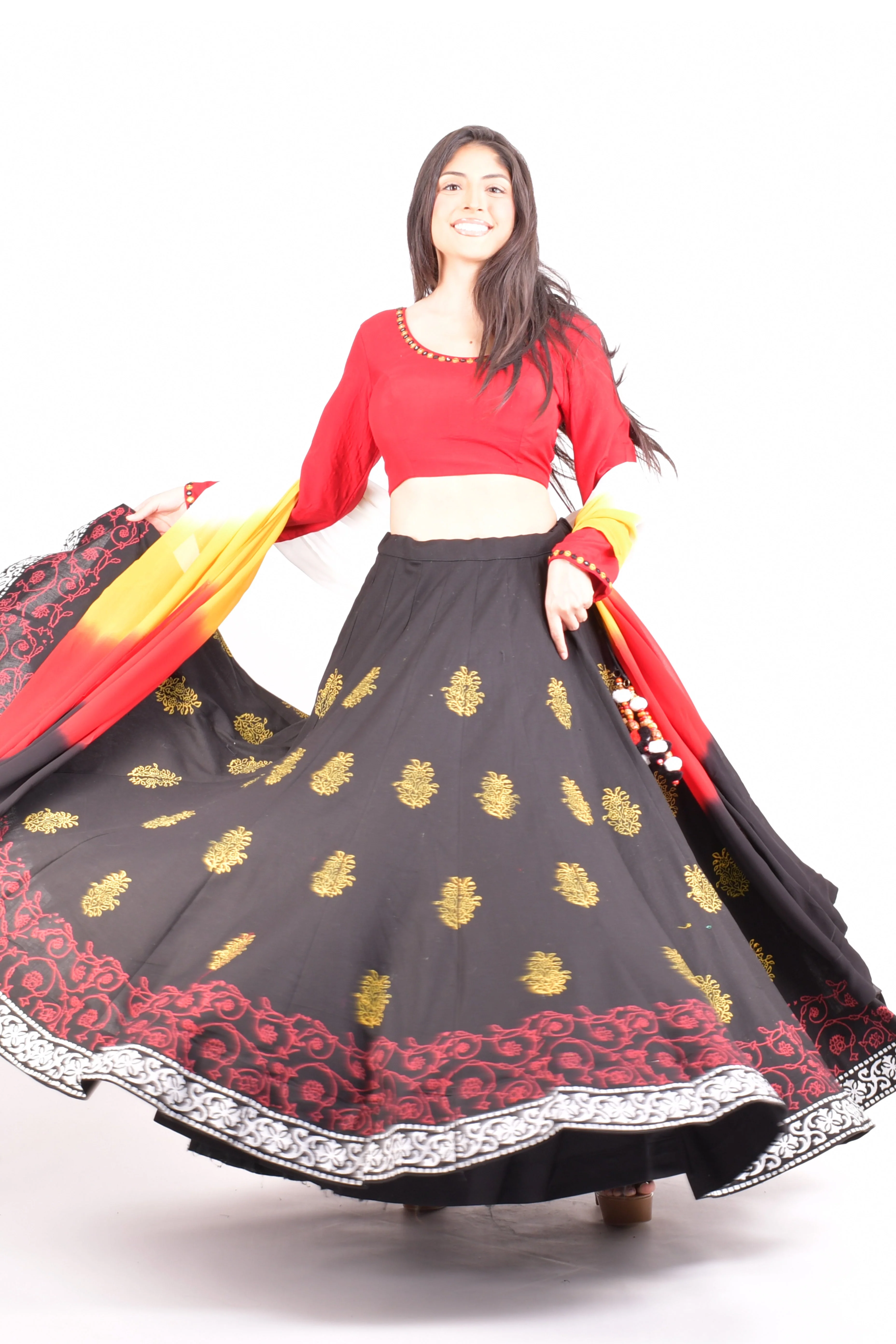 Black and Red Chaniya Choli Set with Long Sleeve Blouse - Image 4