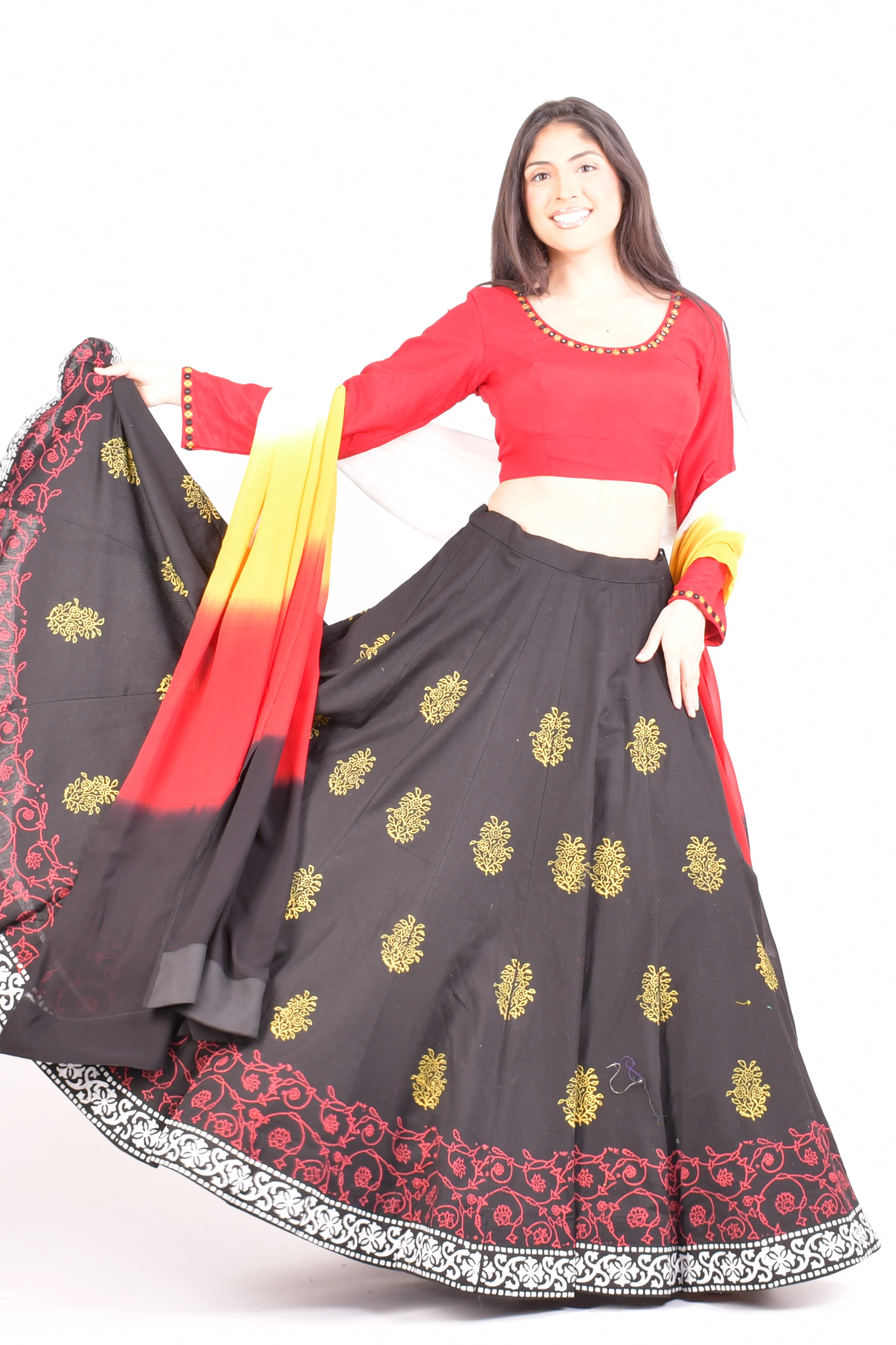 Black and Red Chaniya Choli Set with Long Sleeve Blouse - Image 5