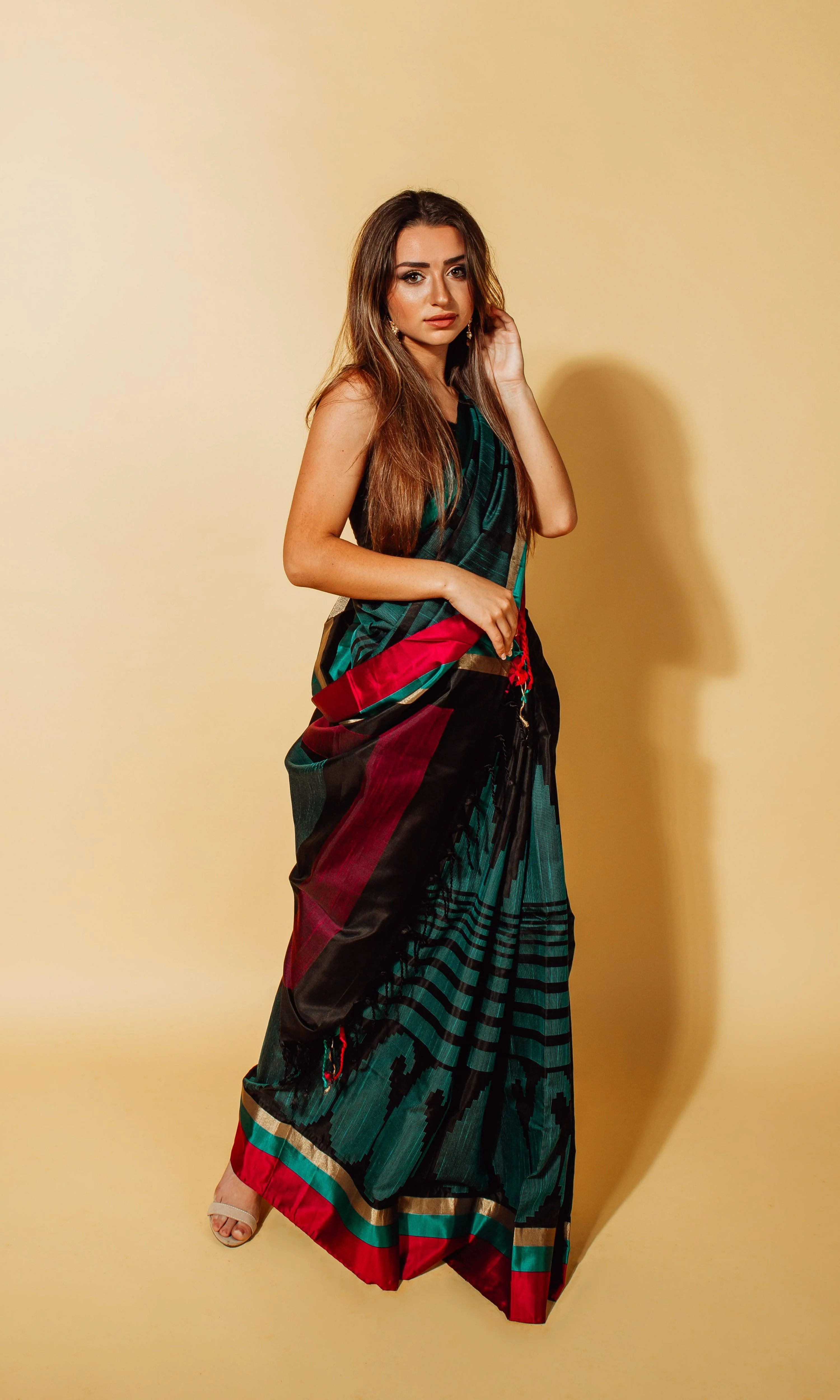 Teal Green Ikat Silk Saree With Blouse - Image 3