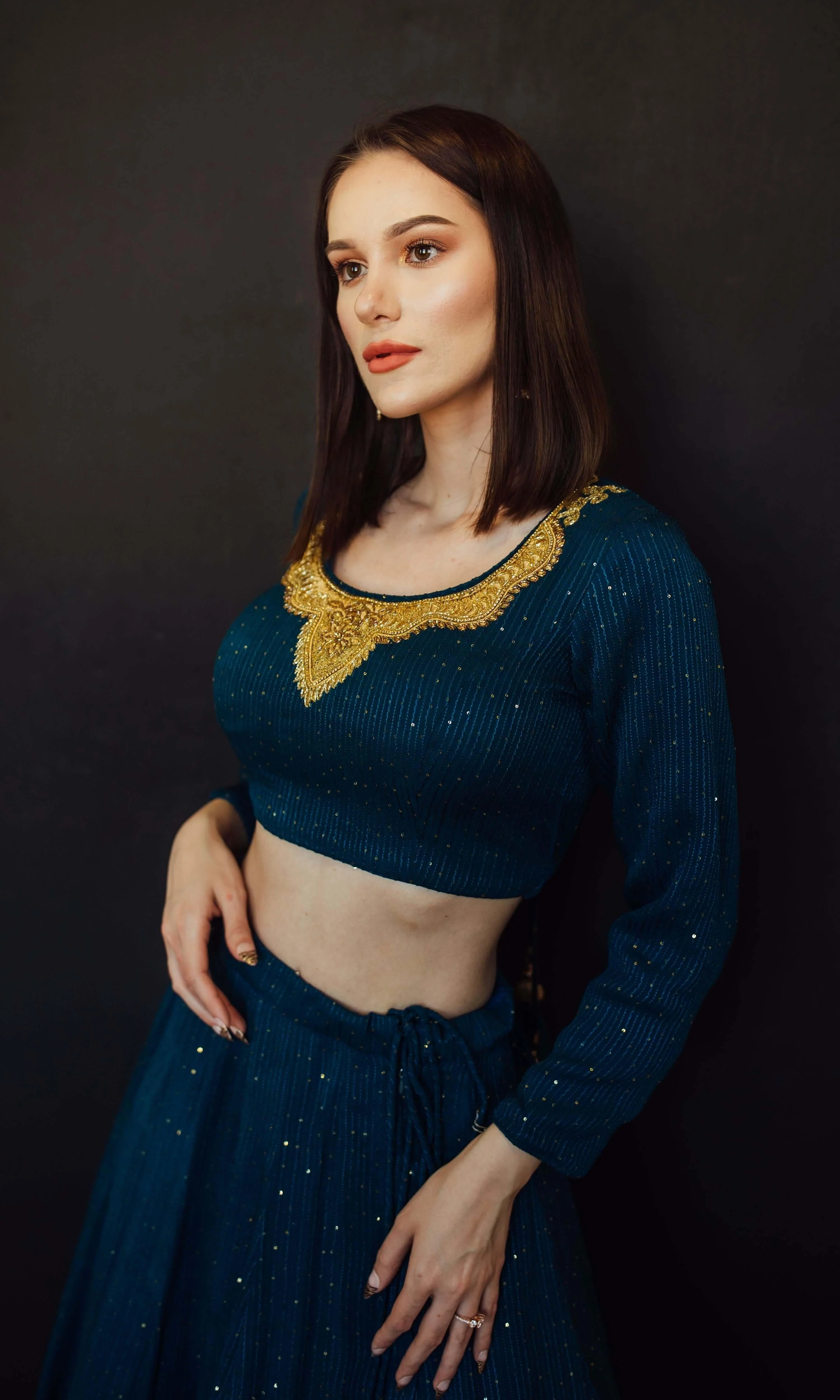 Teal Blue and Gold Full Sleeve Lehenga Choli Set - Image 3