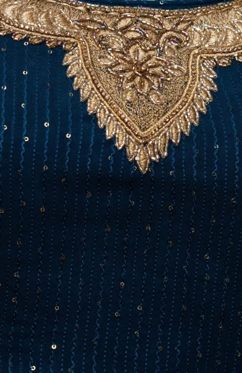 Teal Blue and Gold Full Sleeve Lehenga Choli Set - Image 4