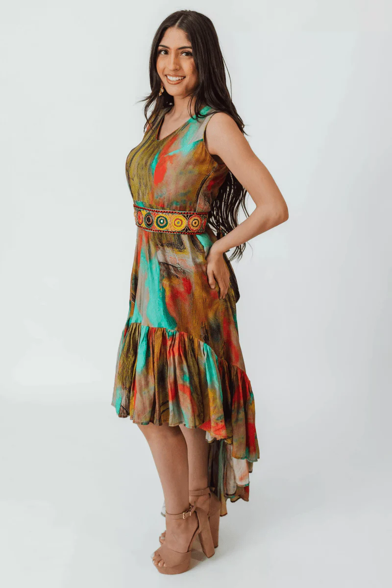 Multicolor Abstract Ruffle High Low Dress with Belt - Image 3