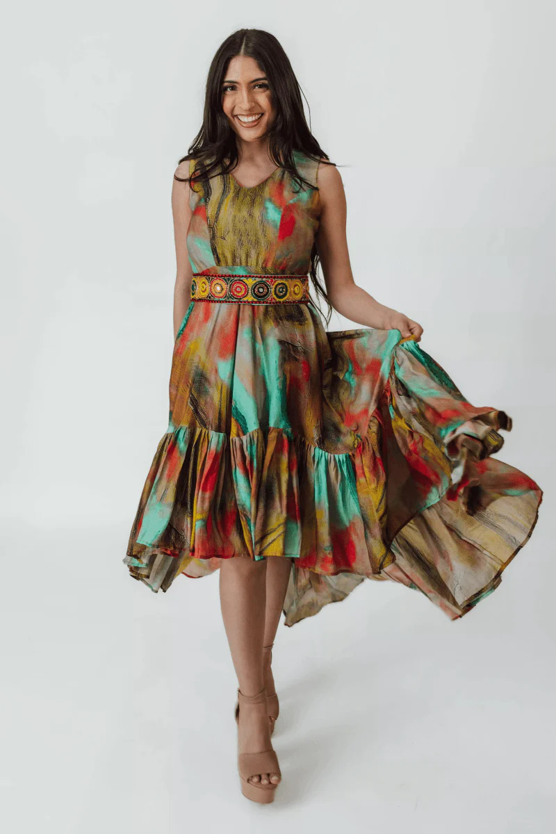 Multicolor Abstract Ruffle High Low Dress with Belt - Image 4