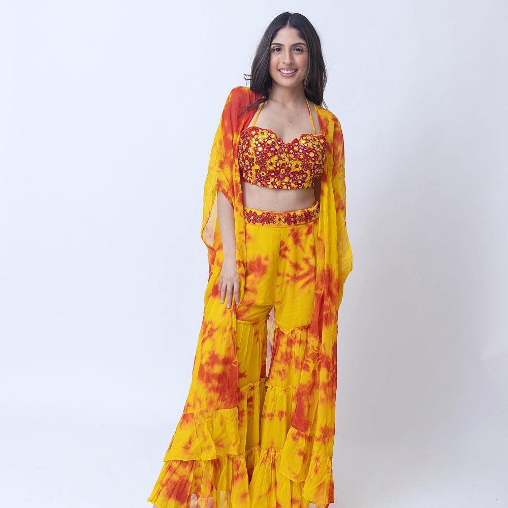 Tie Dye Sharara Set with heavy embroidery blouse and jacket