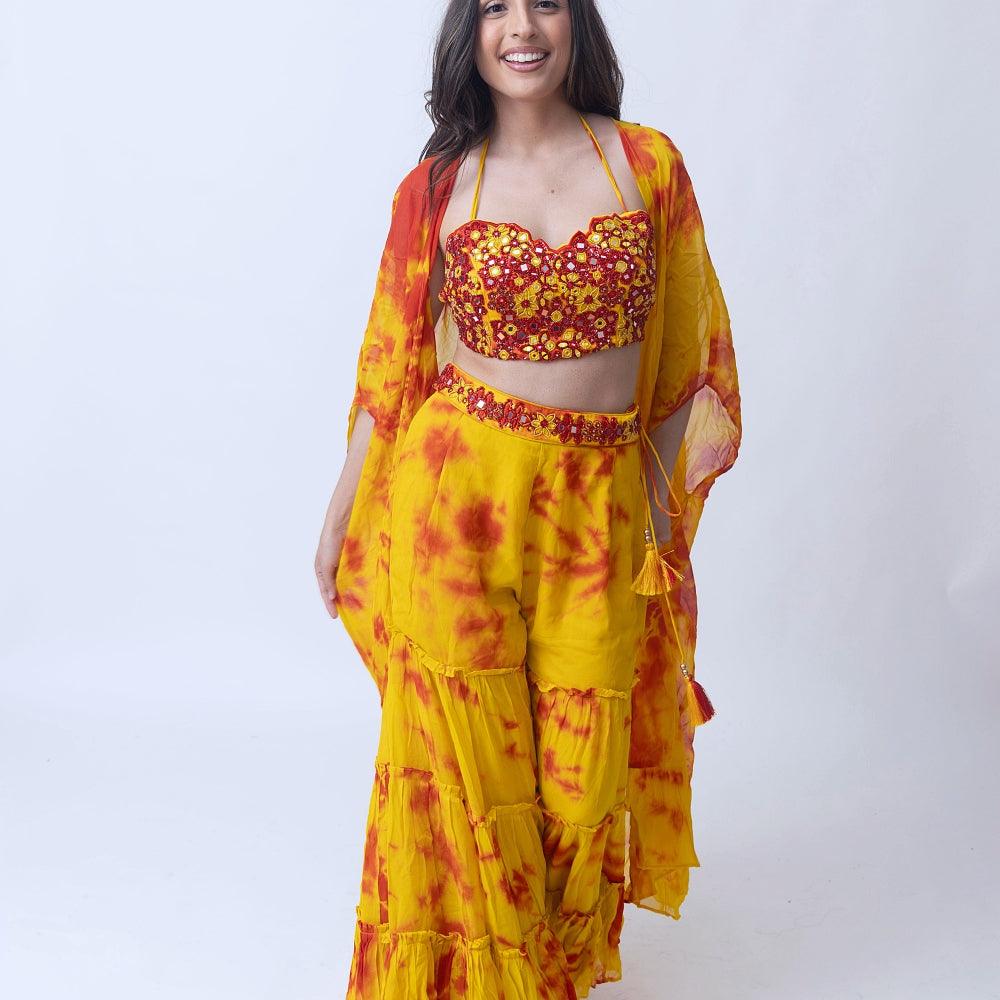 Tie Dye Sharara Set with heavy embroidery blouse and jacket - Image 2