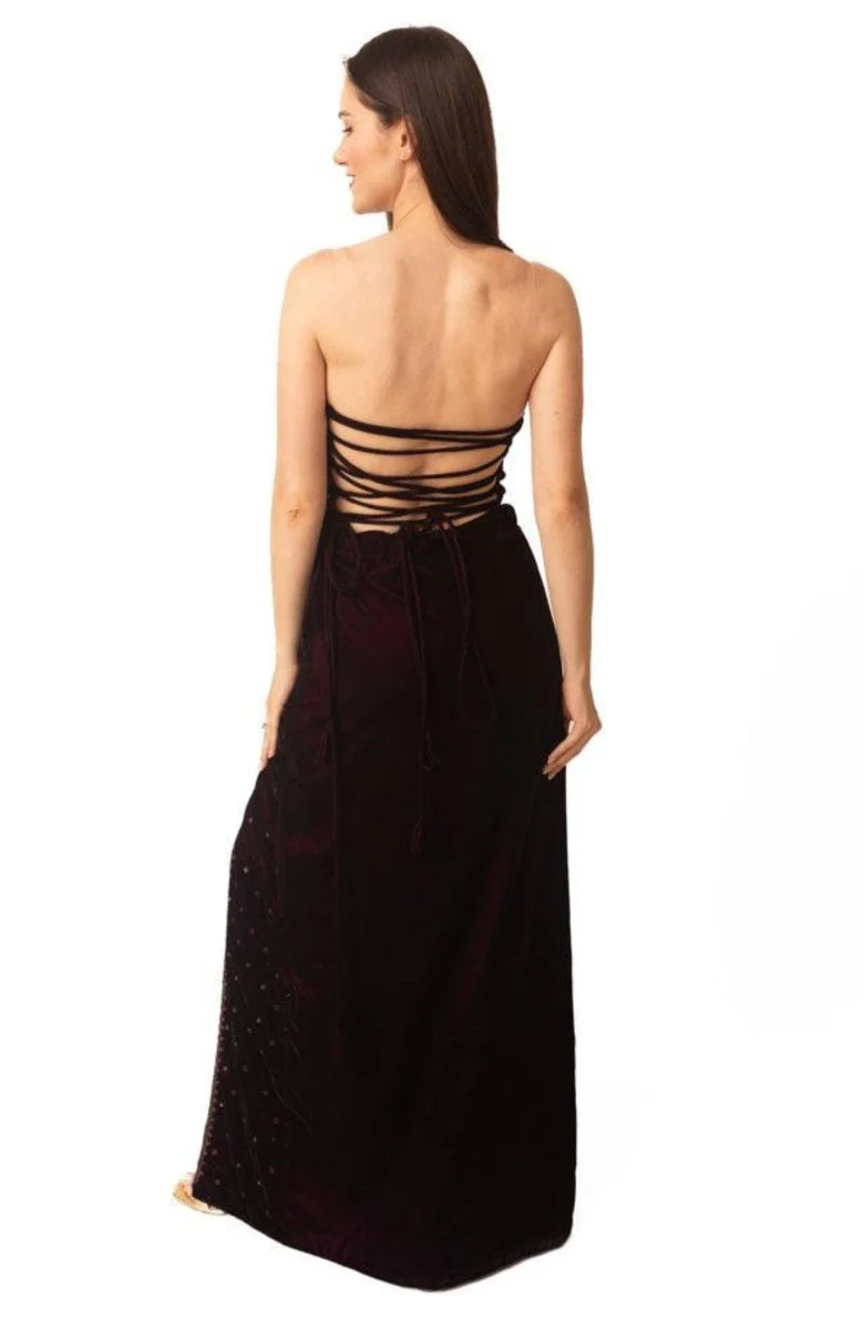 Wine Velvet Hand Embroidered Long Dress with Slit - Image 3
