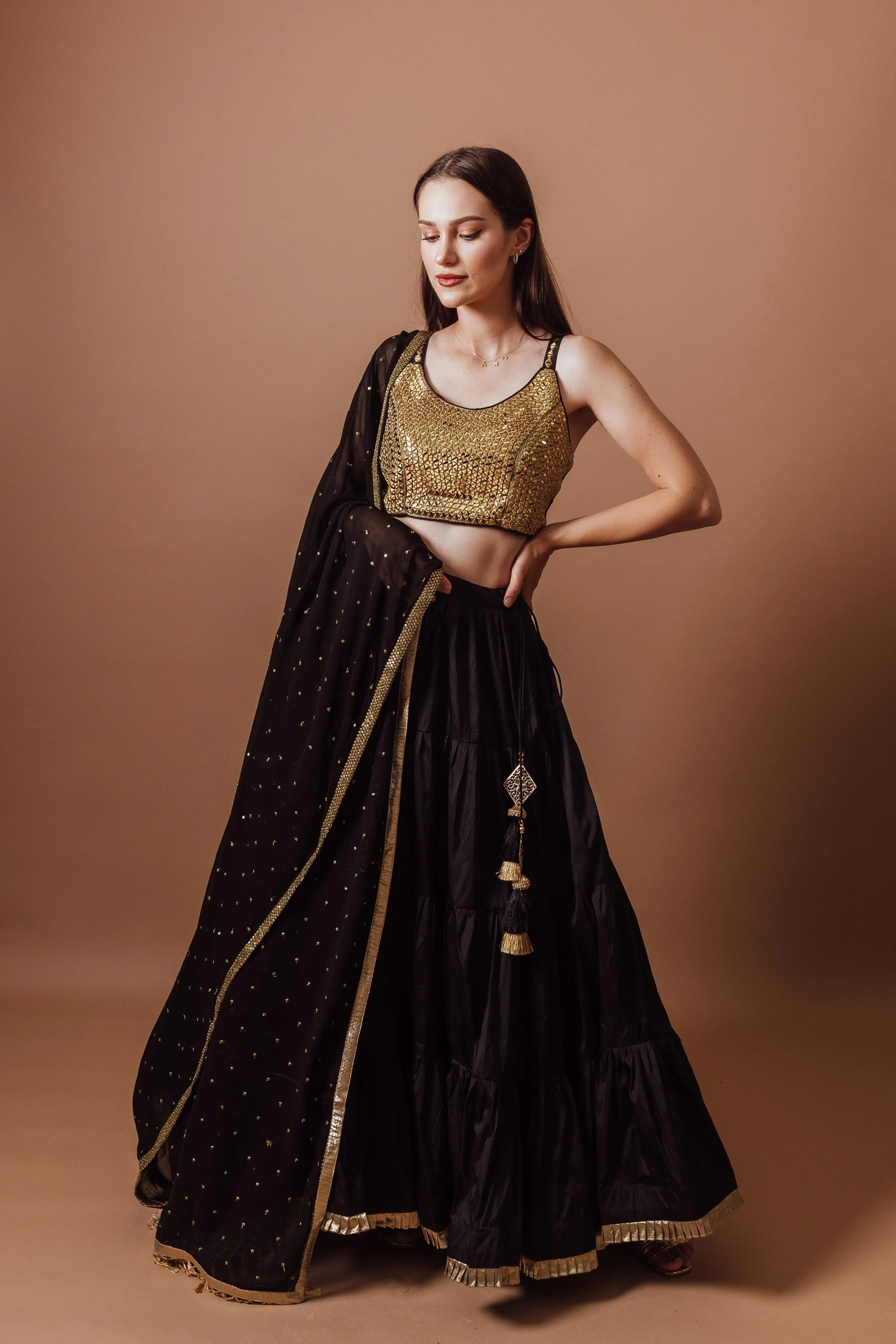 Black and Gold Lehenga Set with All over Mirror Work Blouse
