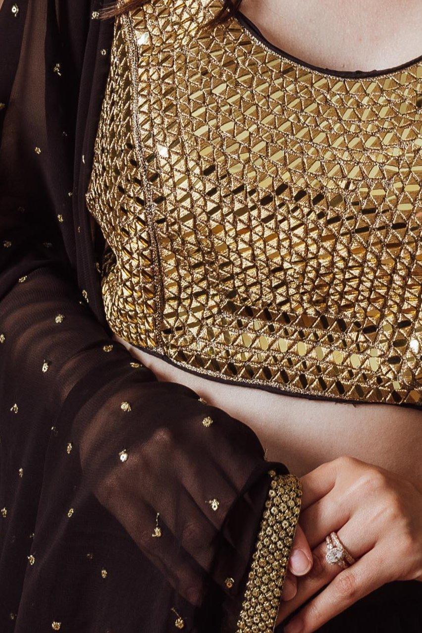 Black and Gold Lehenga Set with All over Mirror Work Blouse - Image 3