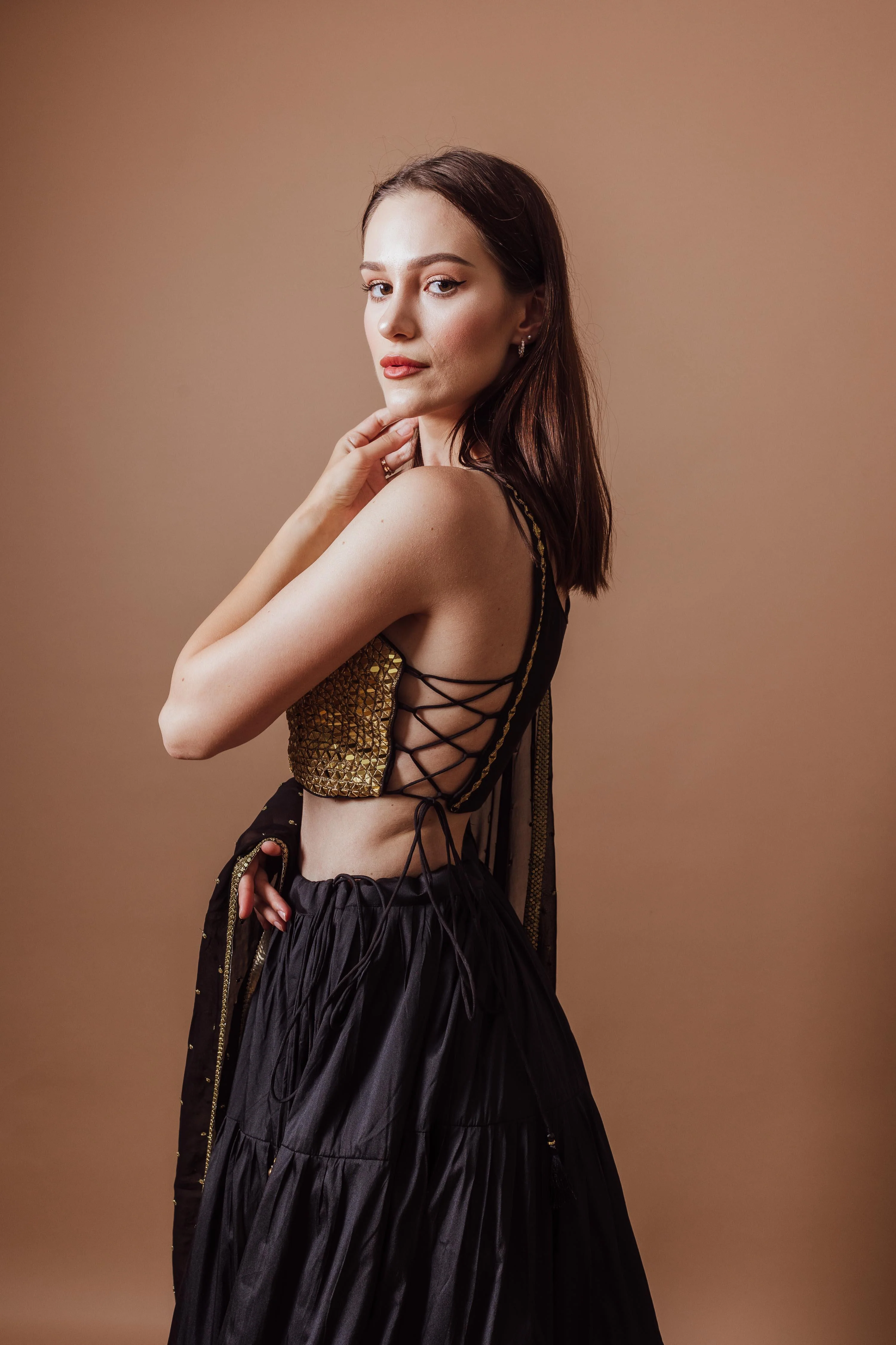 Black and Gold Lehenga Set with All over Mirror Work Blouse - Image 4