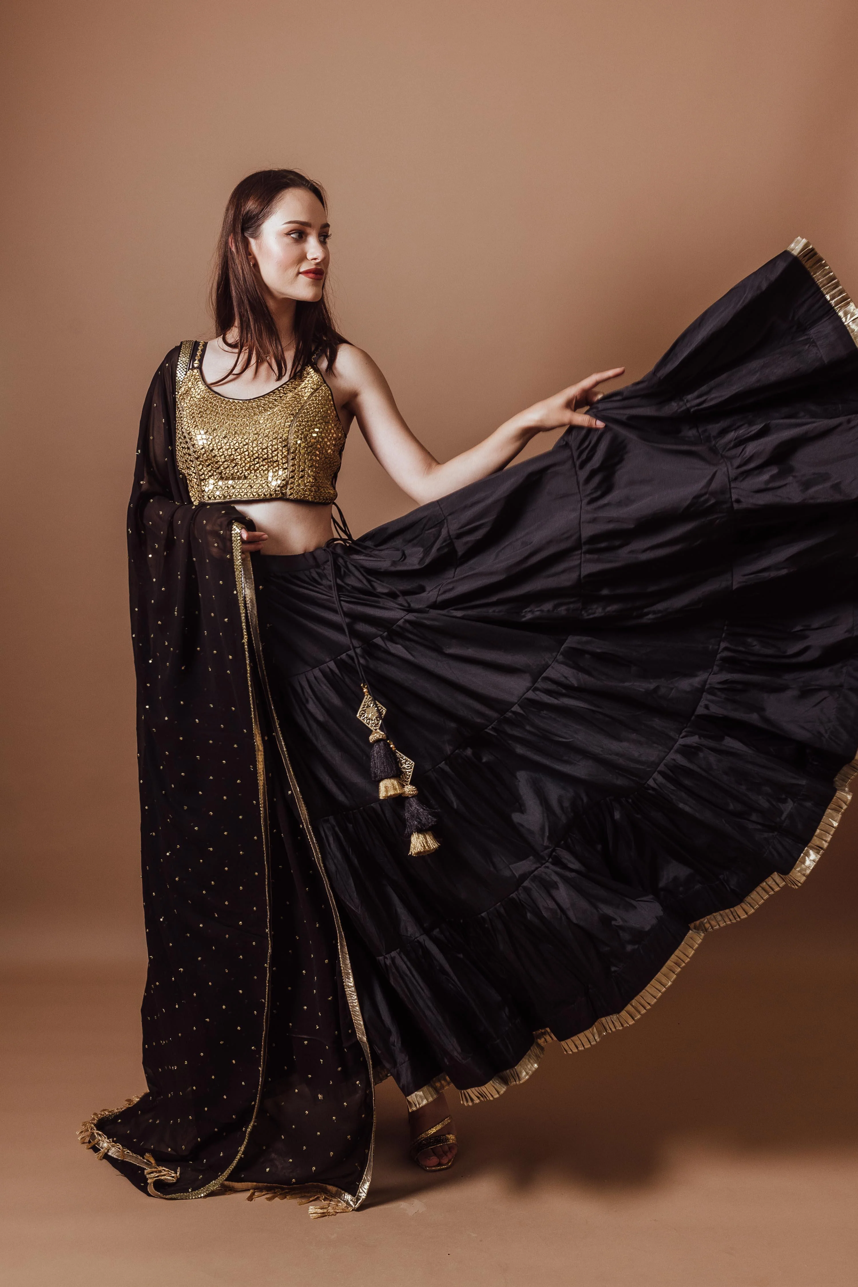 Black and Gold Lehenga Set with All over Mirror Work Blouse - Image 5