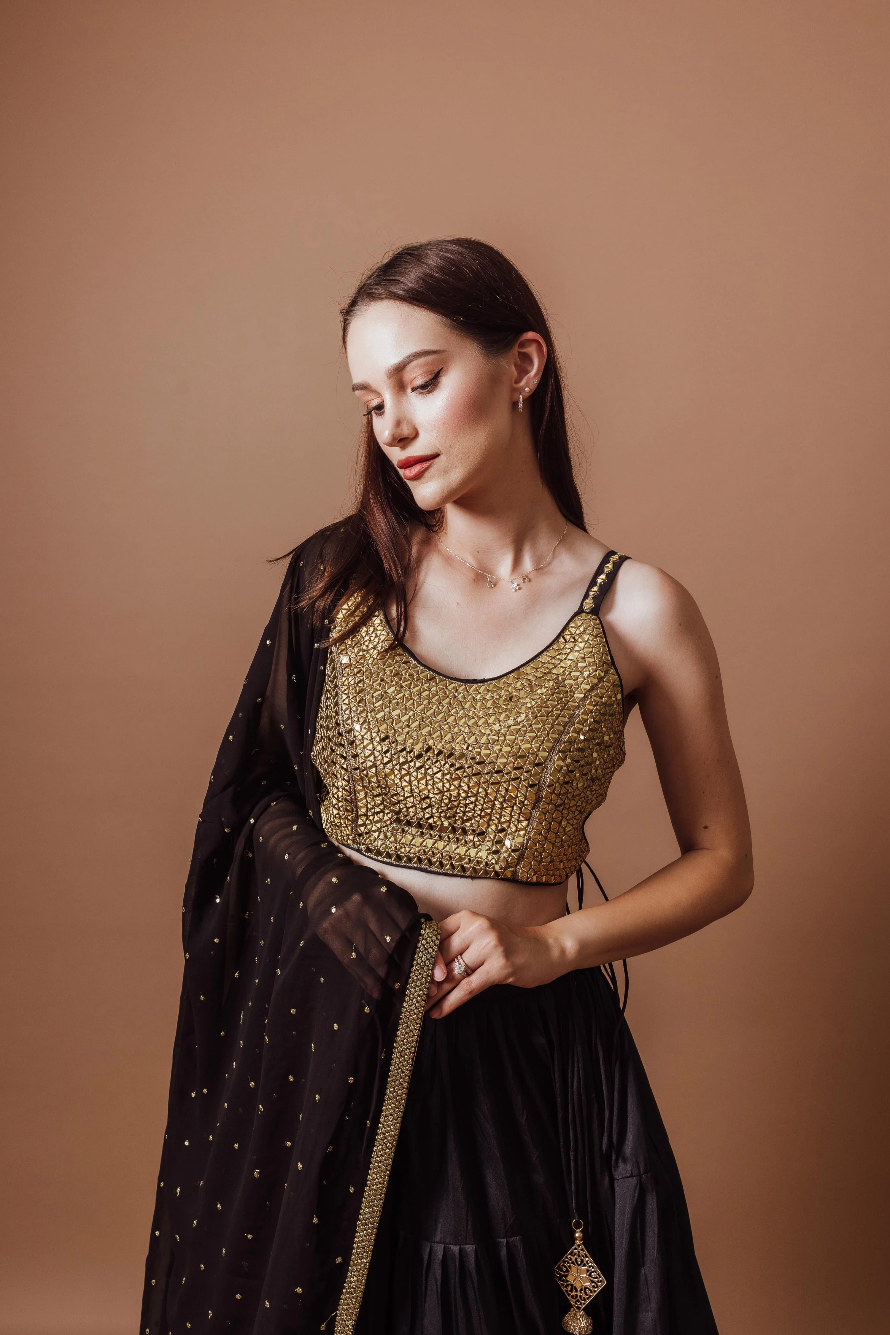 Black and Gold Lehenga Set with All over Mirror Work Blouse - Image 6