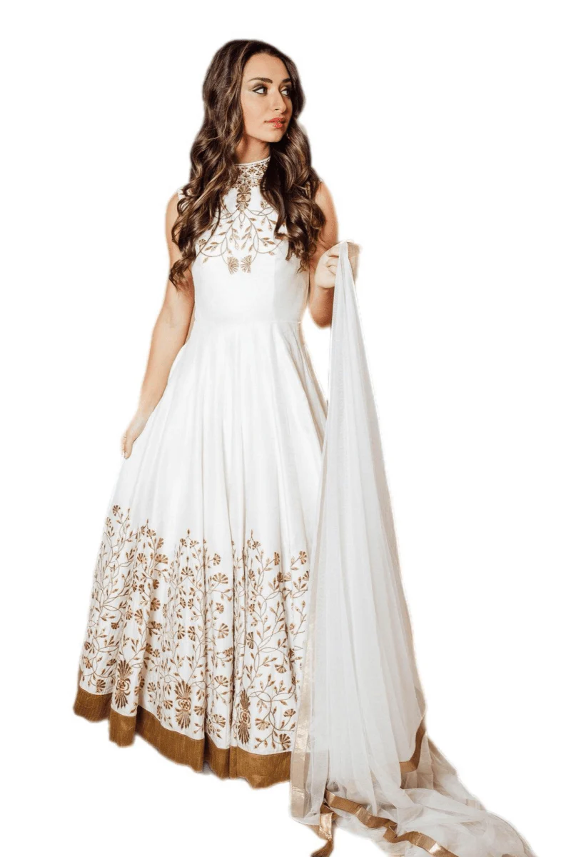 Anita White Gown with Embroidered Torso and Hem
