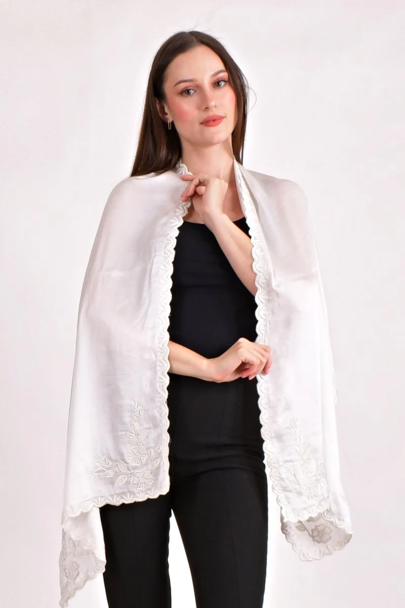 White Hand Embroidered Silk Scarf with Resham, Pearl & Cutwork Border