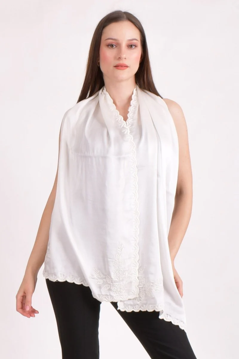 White Hand Embroidered Silk Scarf with Resham, Pearl & Cutwork Border - Image 3