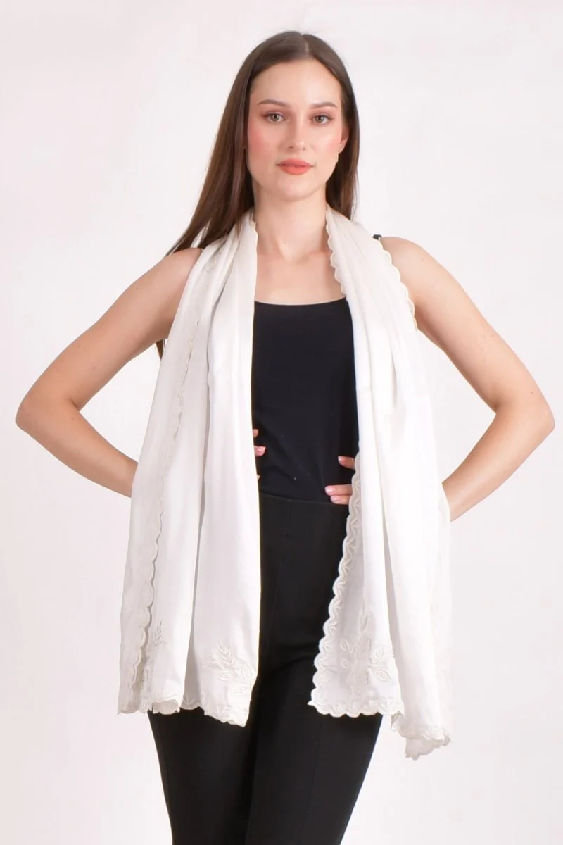 White Hand Embroidered Silk Scarf with Resham, Pearl & Cutwork Border - Image 4