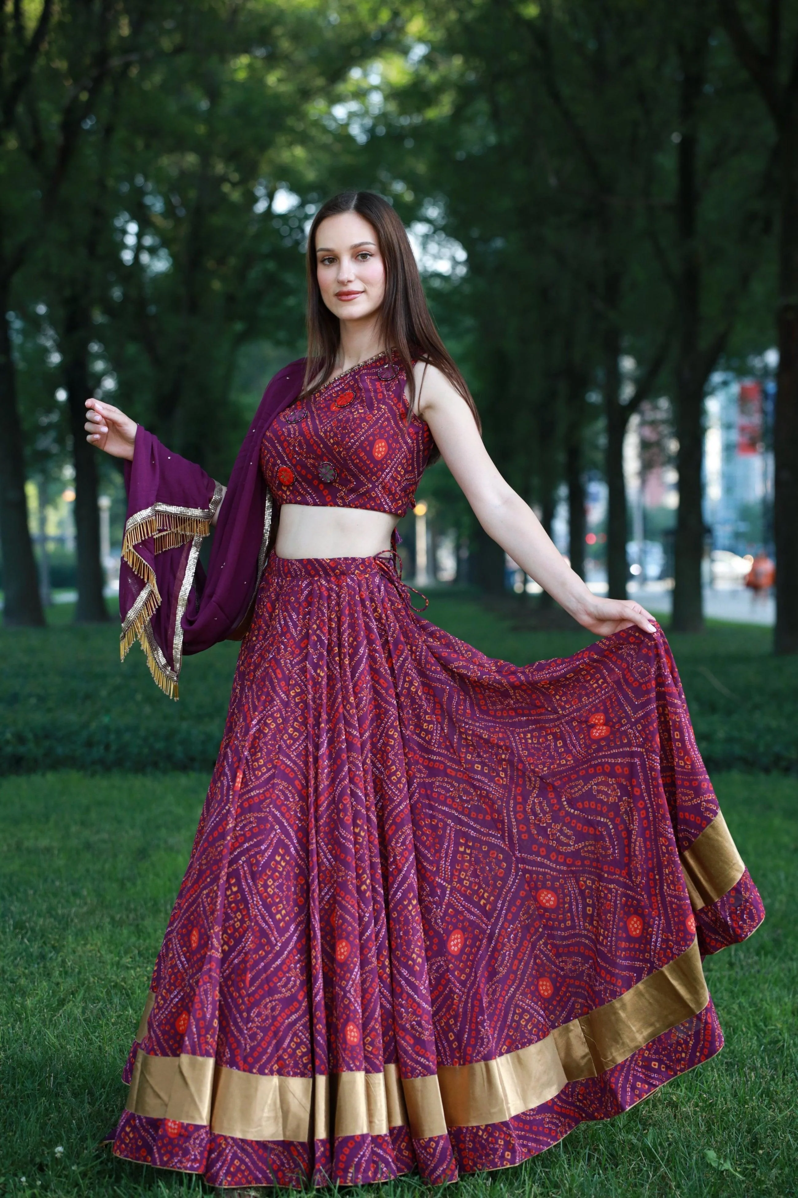 Bandhani Print Wine Lehenga Choli Set With One Shoulder Blouse
