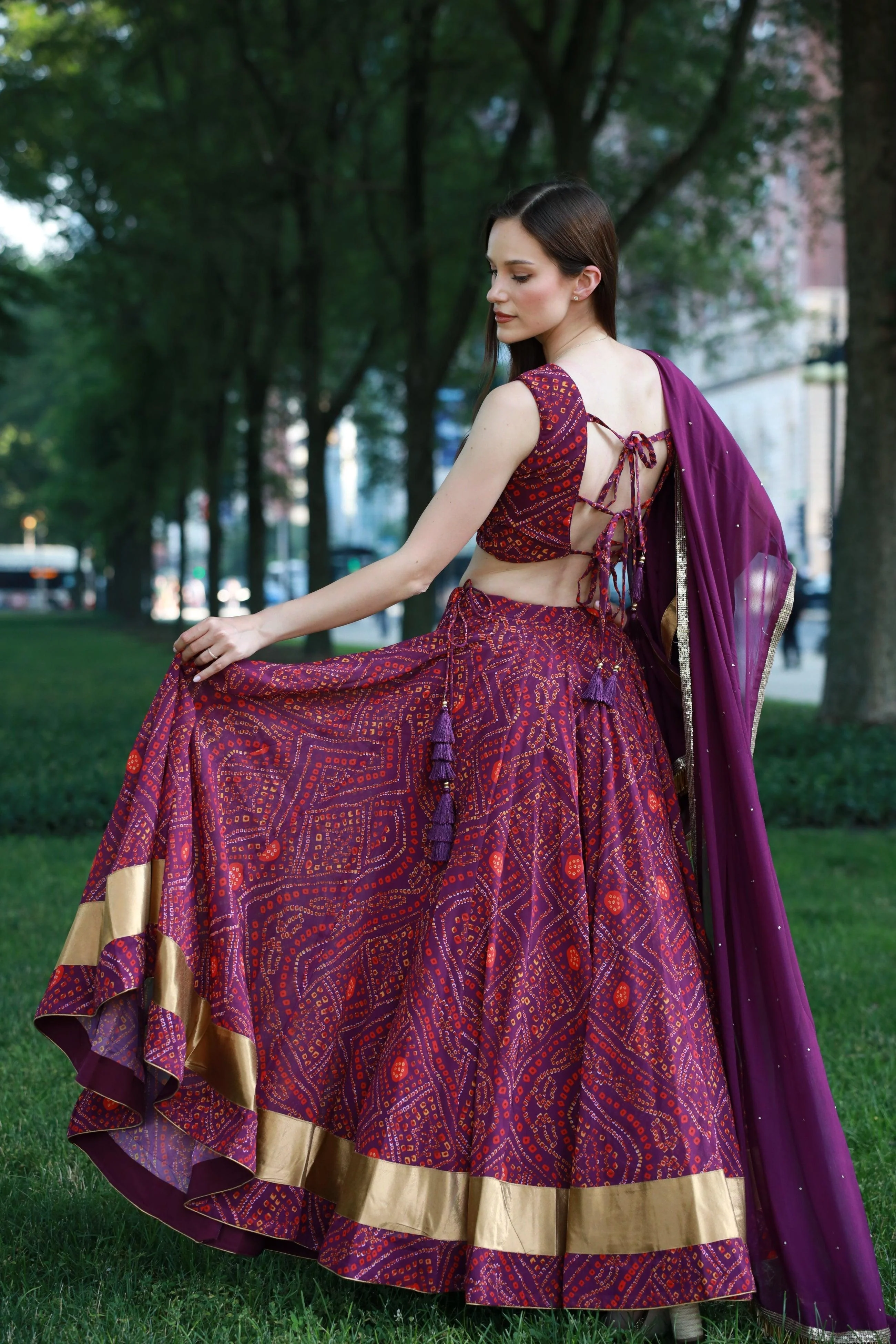 Bandhani Print Wine Lehenga Choli Set With One Shoulder Blouse - Image 2