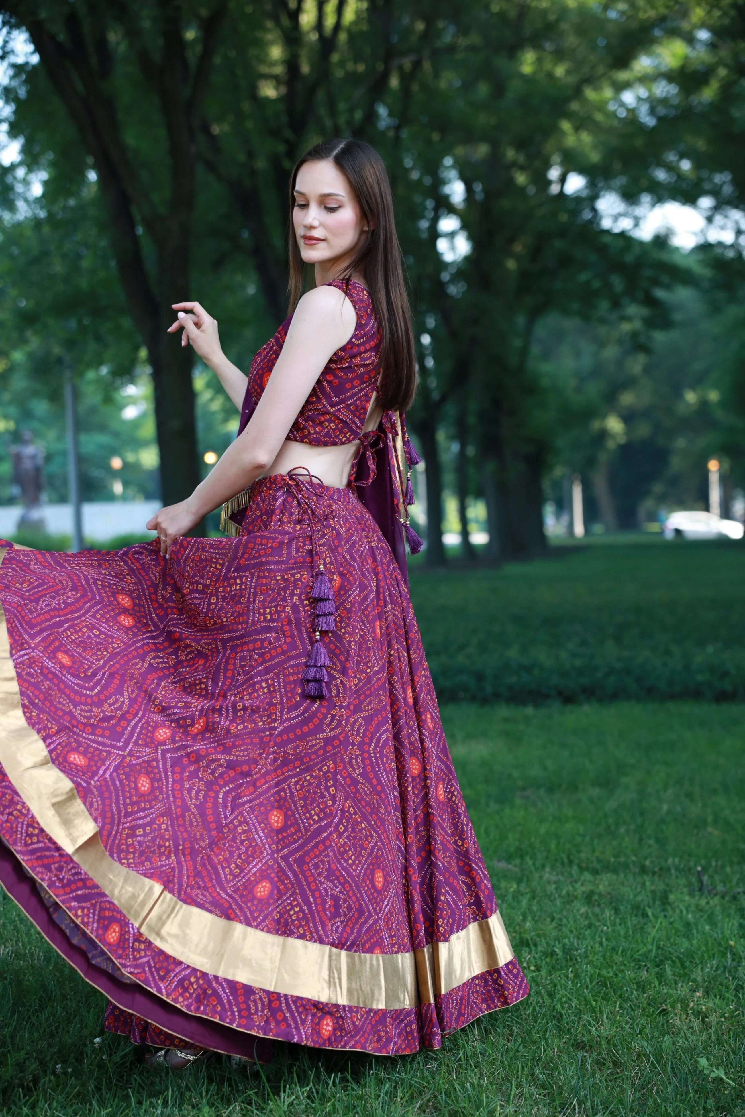 Bandhani Print Wine Lehenga Choli Set With One Shoulder Blouse - Image 3