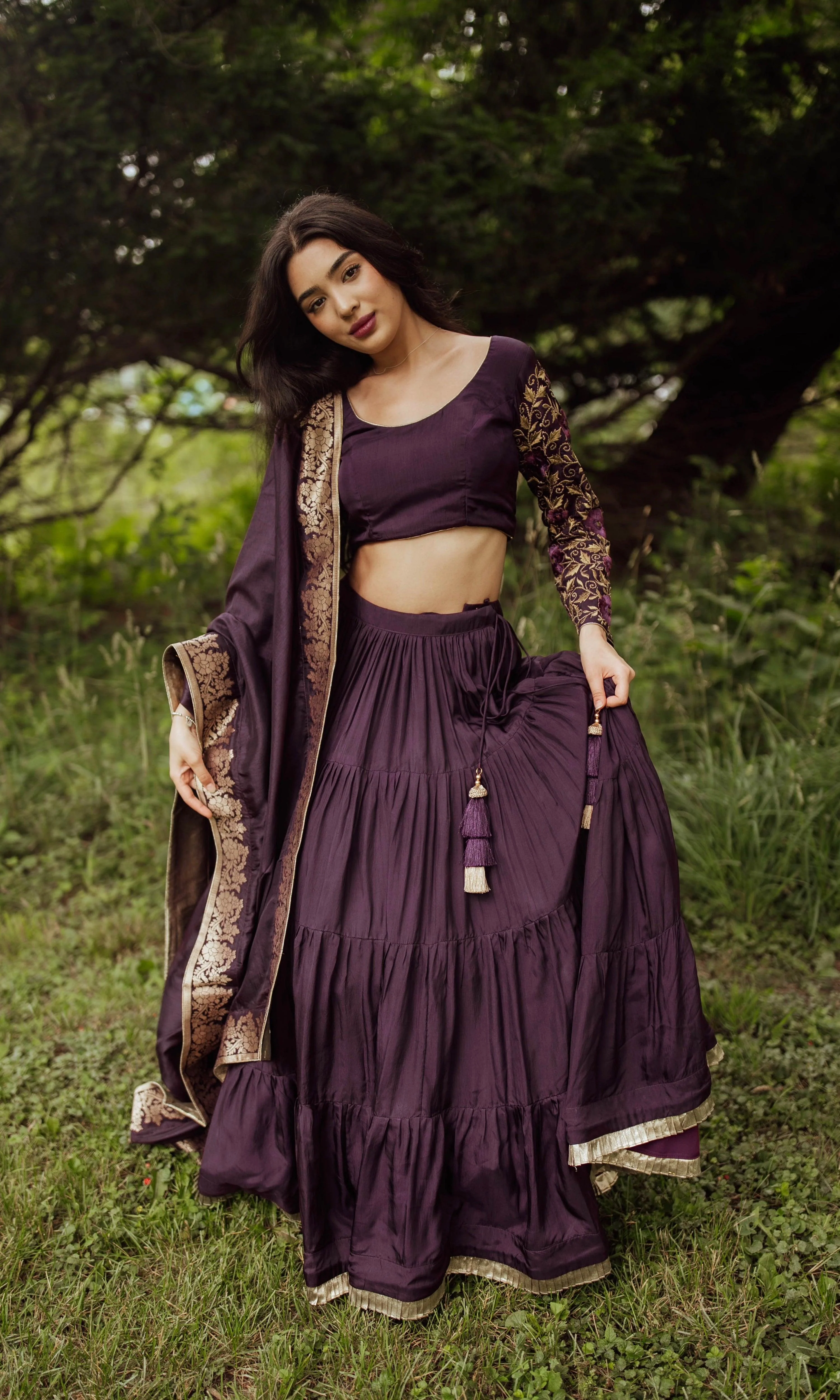 Wine Tiered Lehenga Choli Set - Image 3