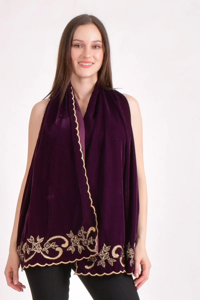 Wine Floral Embroidered Velvet Scarf