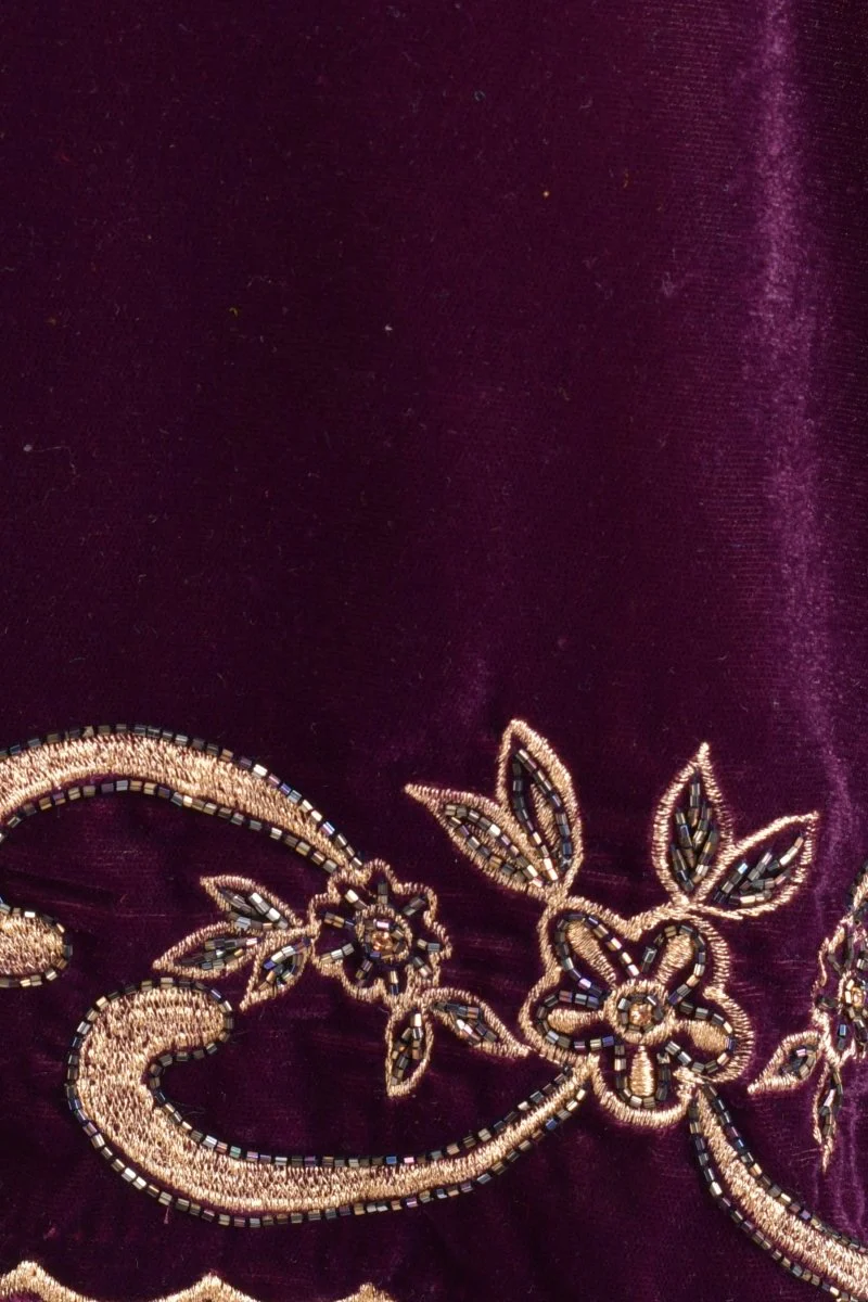 Wine Floral Embroidered Velvet Scarf - Image 2