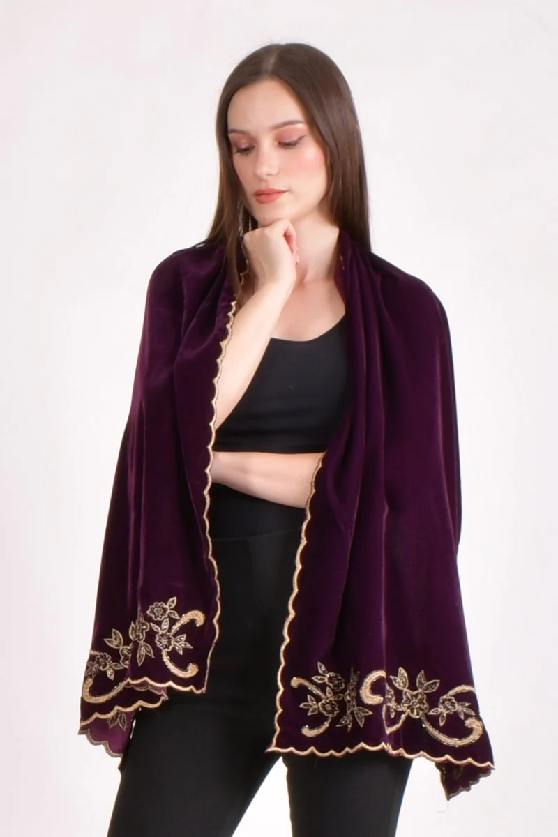 Wine Floral Embroidered Velvet Scarf - Image 3