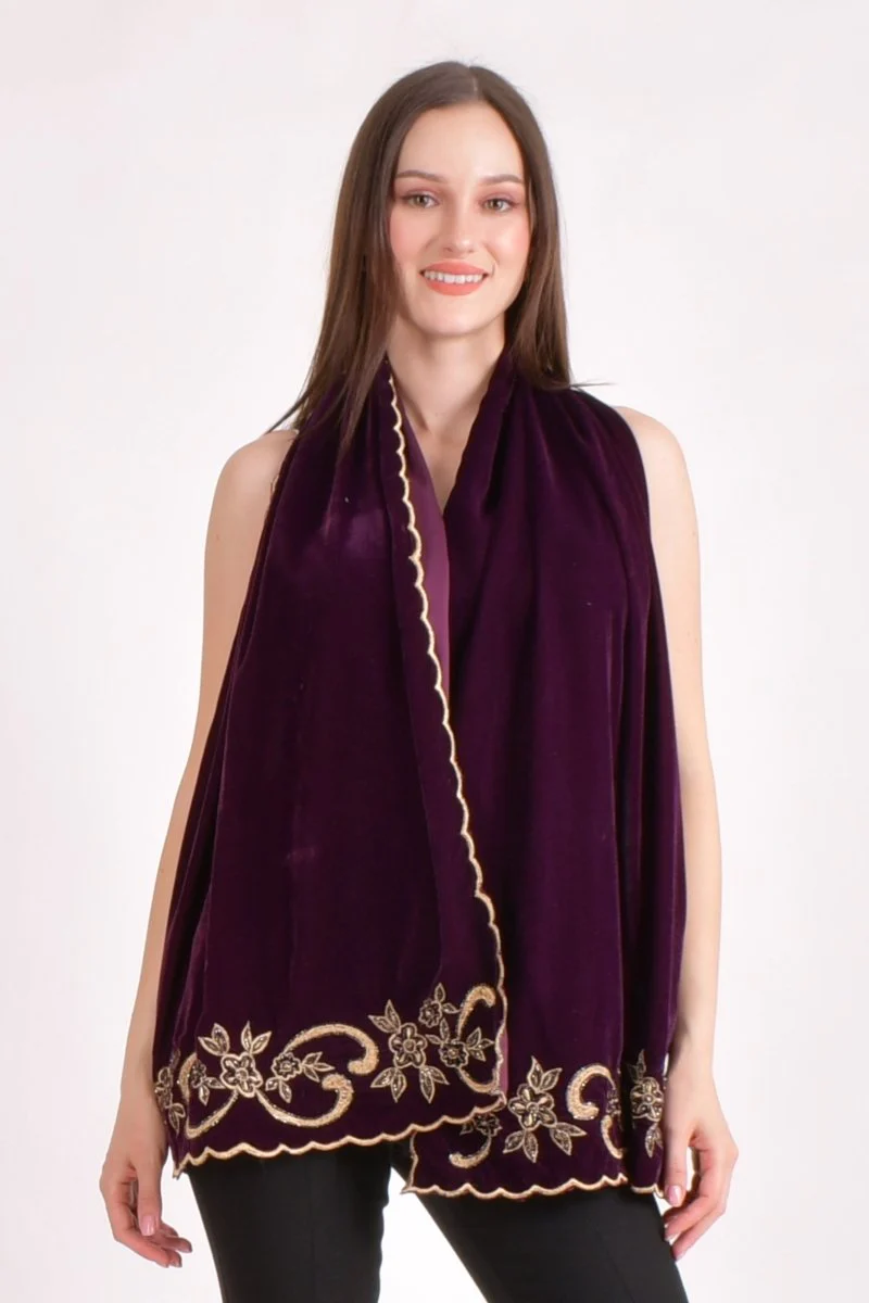 Wine Floral Embroidered Velvet Scarf - Image 4