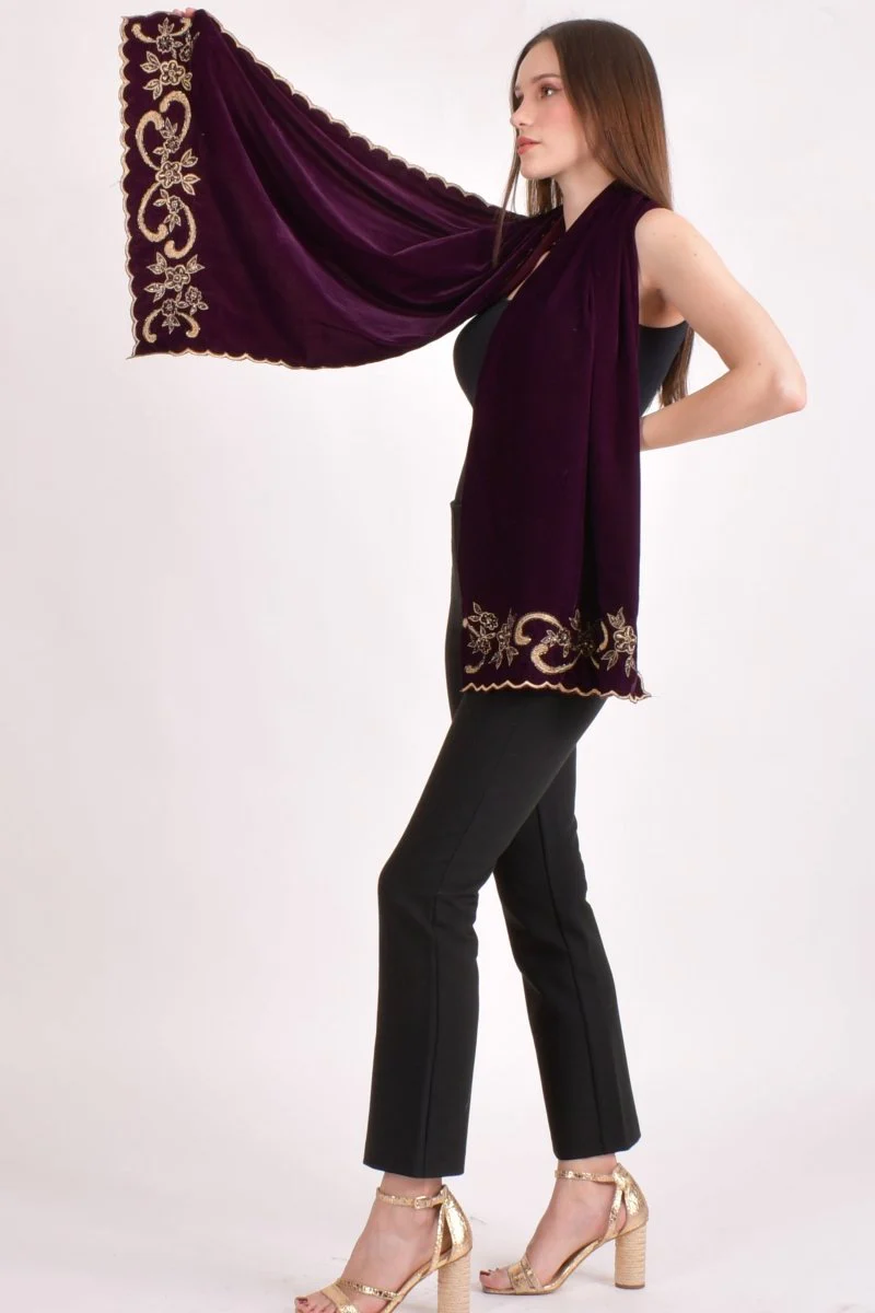 Wine Floral Embroidered Velvet Scarf - Image 5