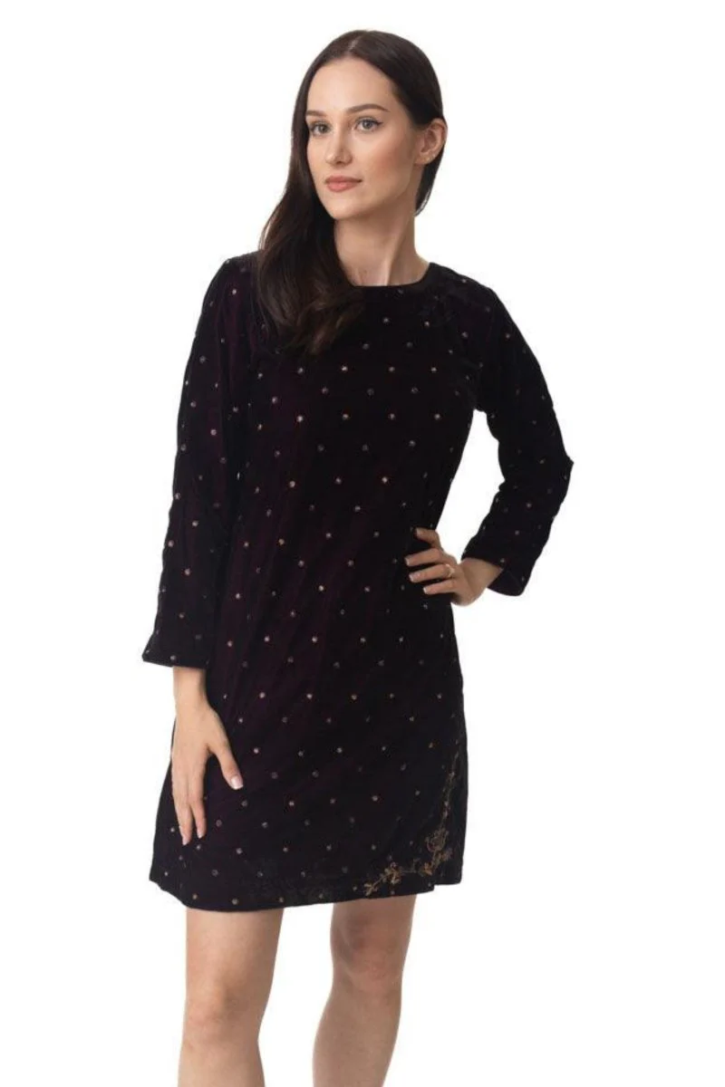 Lica Wine Velvet Dress with Hand Embroidery - Image 4