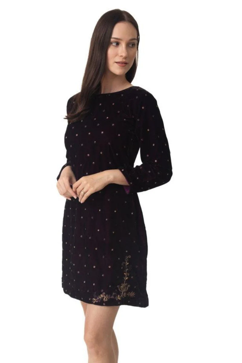 Lica Wine Velvet Dress with Hand Embroidery - Image 5