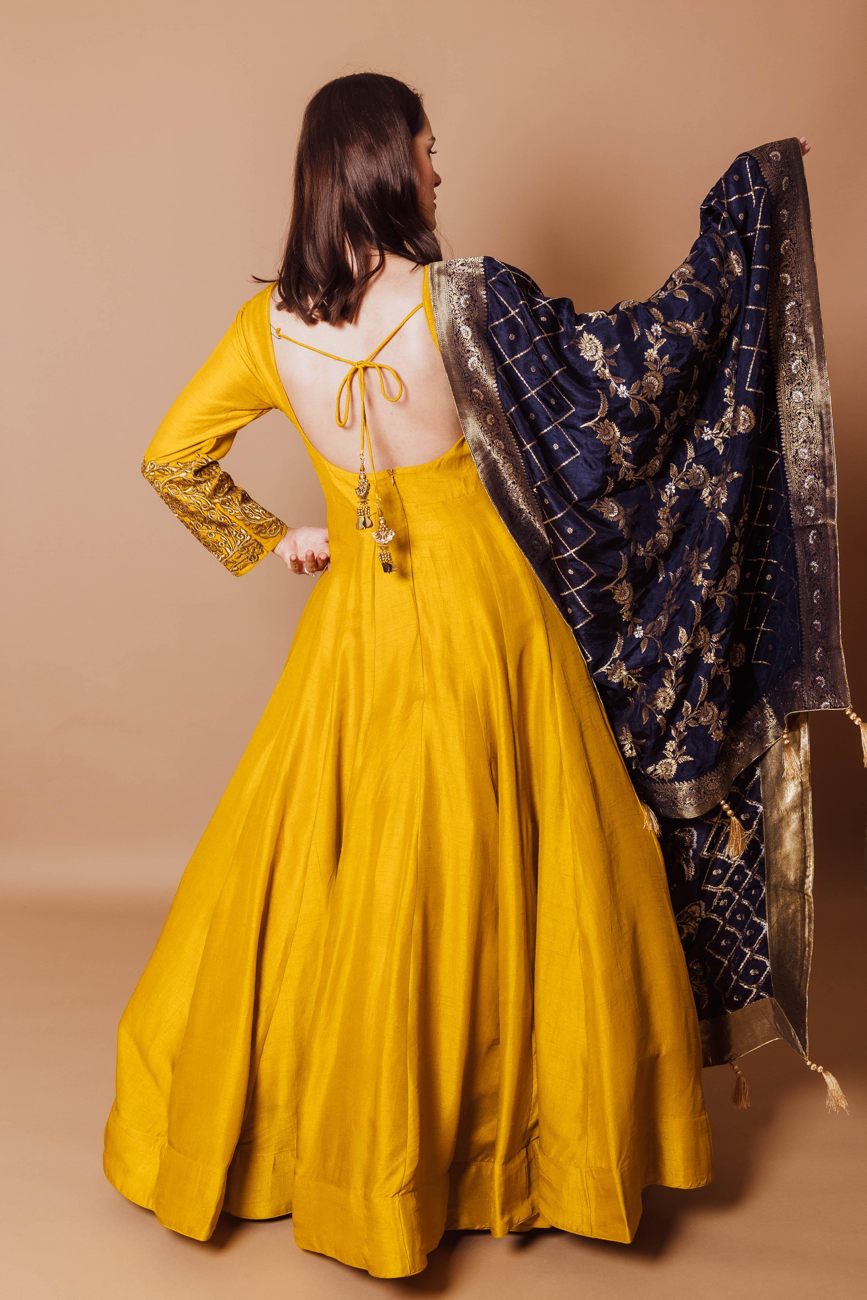 Vaila Yellow Gown with Jacquard Silk Drape - Image 2
