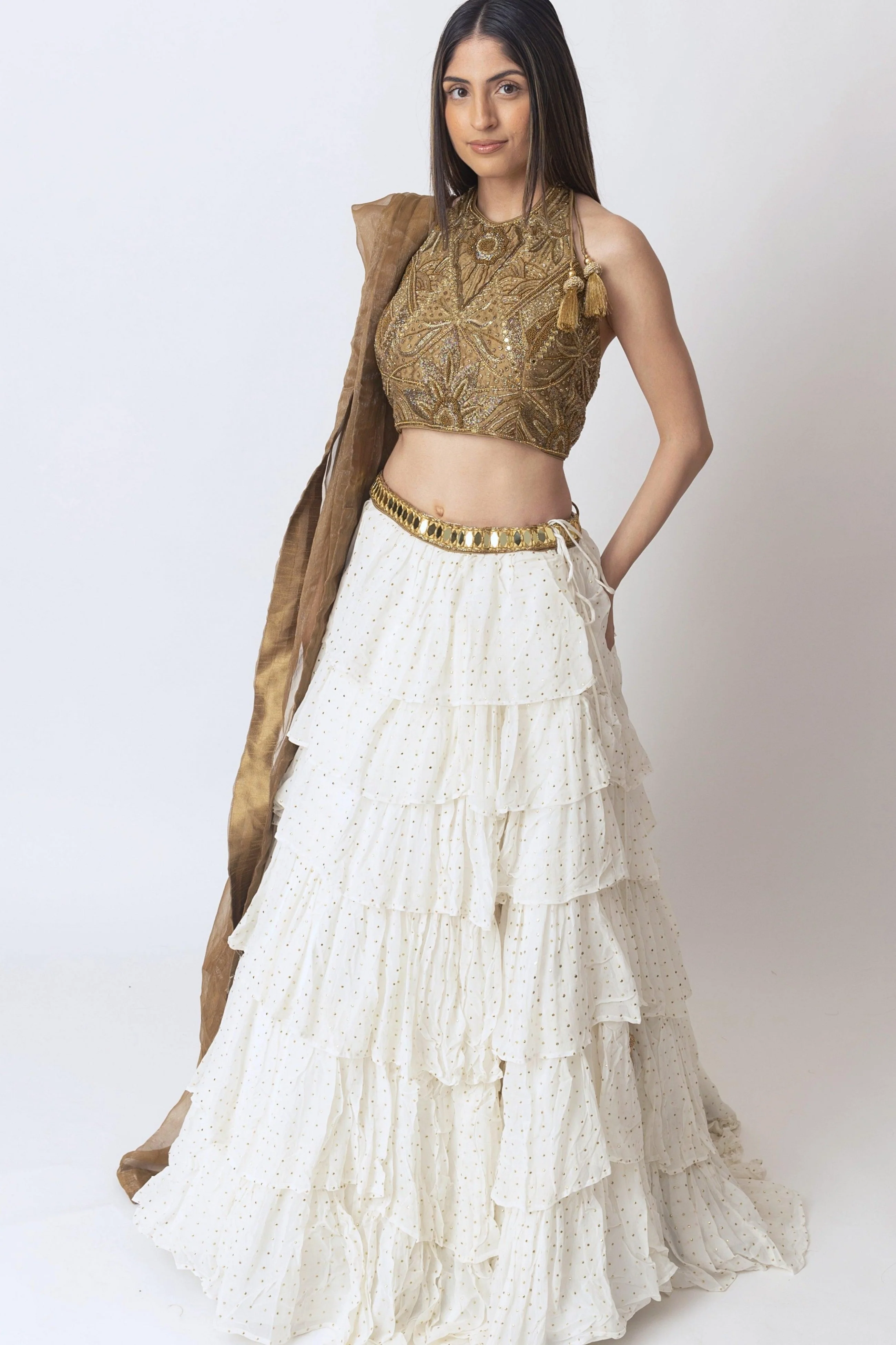 Gold and White Tiered Lehenga Set - Image 4