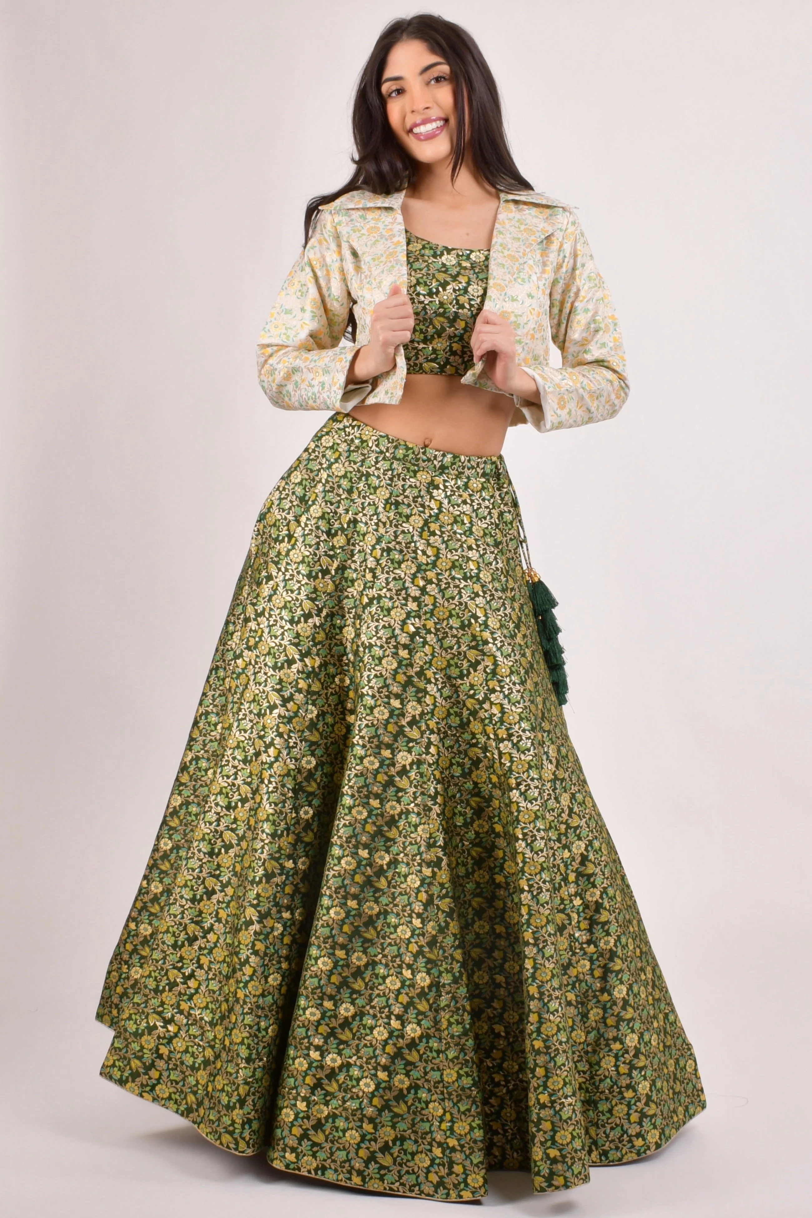 Green Banarasi Lehenga Choli With Jacket.