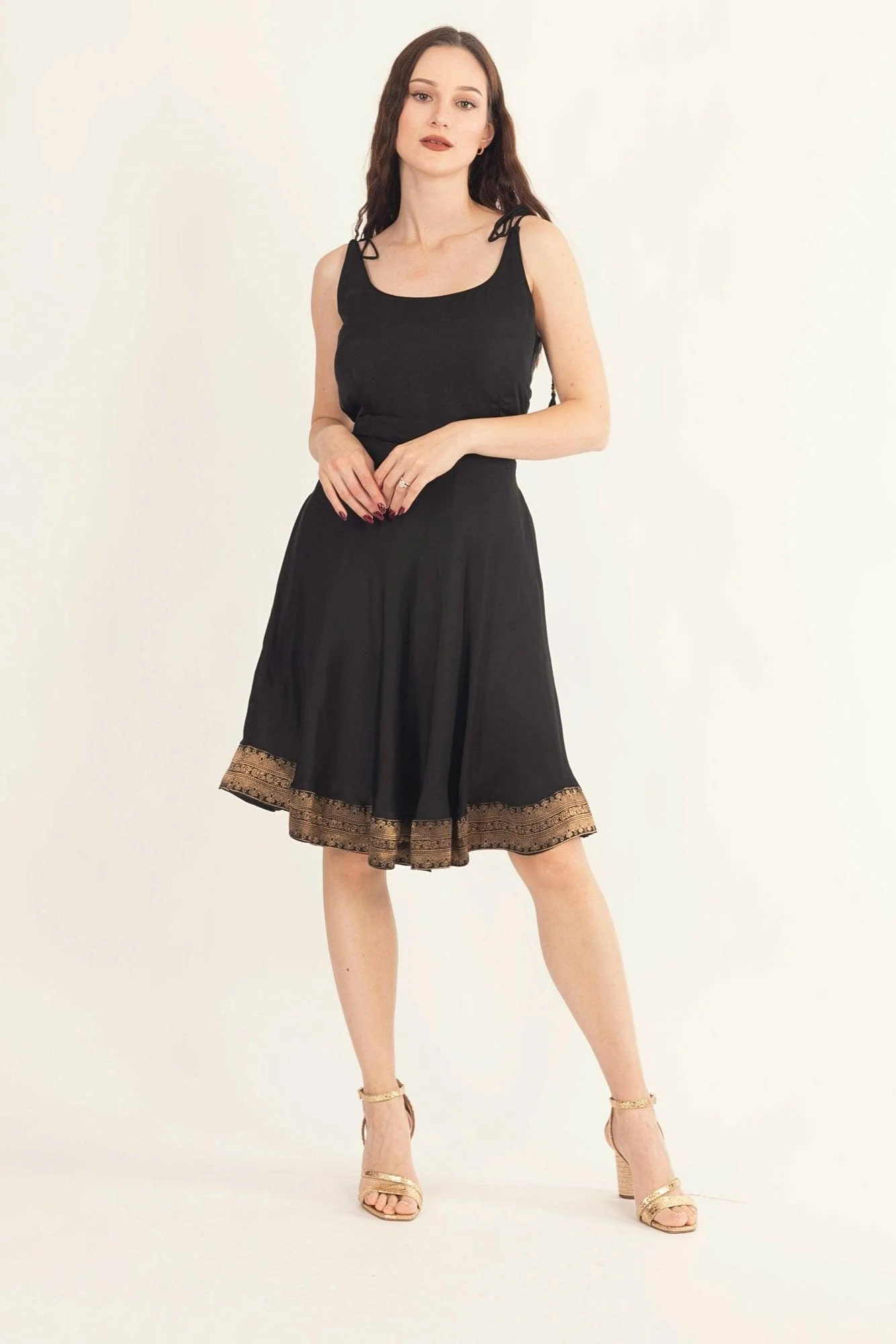 Black Mini Dress with Banarasi Silk Hem - Image 2